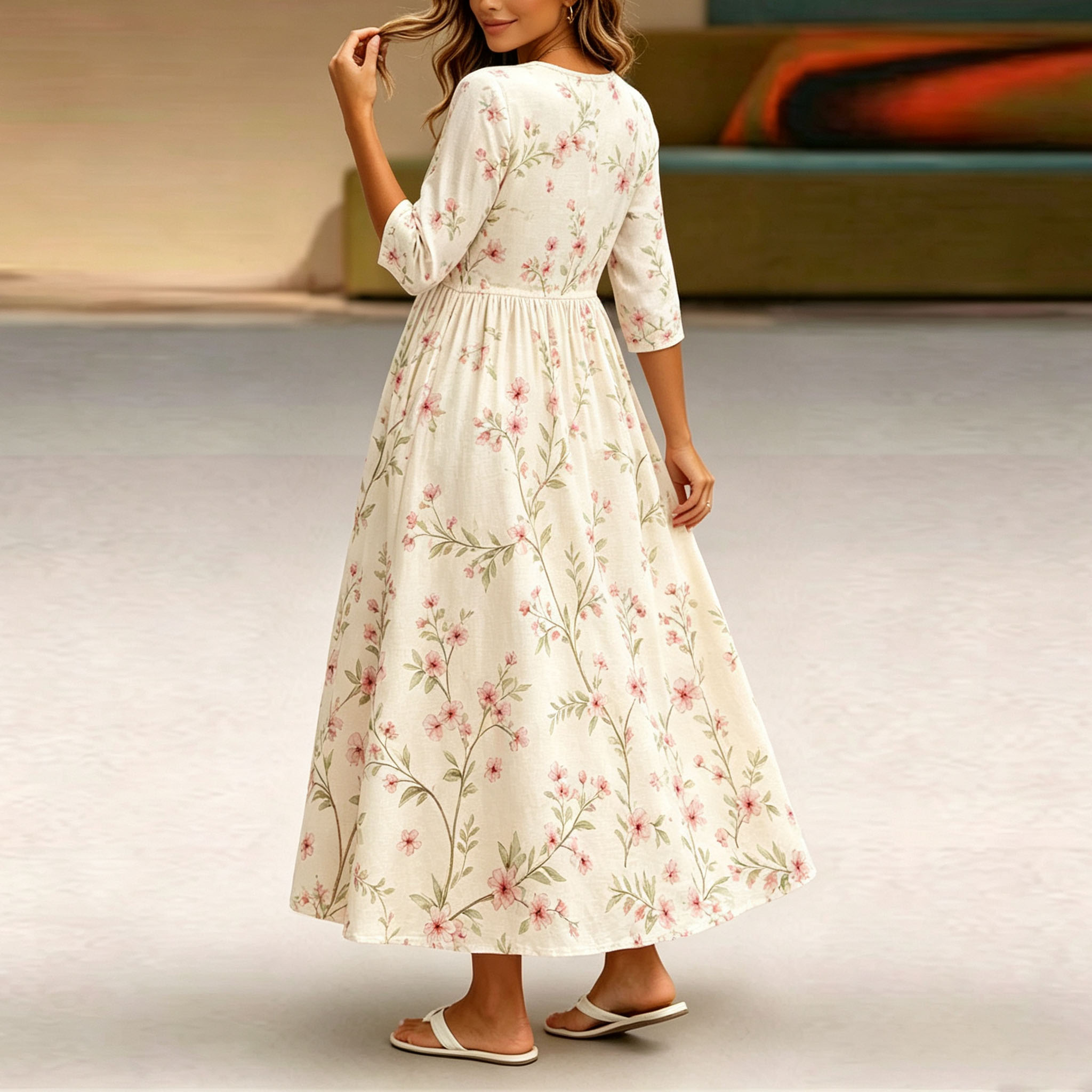 Women’s Floral Midi Dress, White Mid-Length Sleeve Flower Print Dress, Elegant A-Line Swing Casual Dress with Pockets, Lightweight Polyester Boho Dress for Spring, Summer, Vacation & Everyday Wear-gemscharms