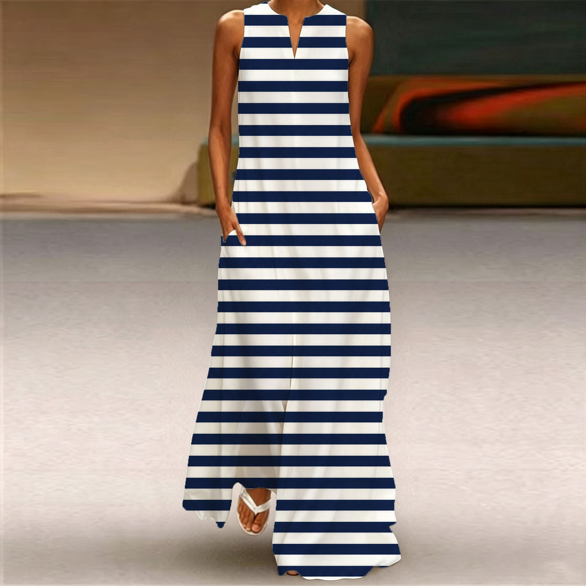 Women's Navy Blue Striped Maxi Dress – Sleeveless Summer Casual Dress with Classic Horizontal Stripe Pattern and Relaxed A-Line Fit