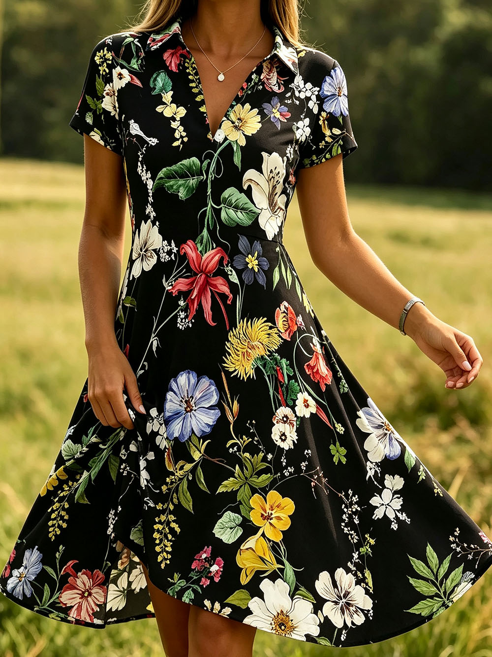 Women’s Black Floral Print V-Neck Dress – Short Sleeve A-Line Casual Summer Dress, Lightweight Polyester Pullover Dress