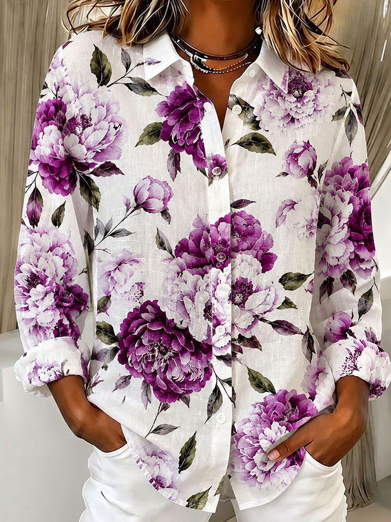 Women's Floral Print Button Down Shirt – Elegant Casual Blouse with Lightweight Polyester Fabric