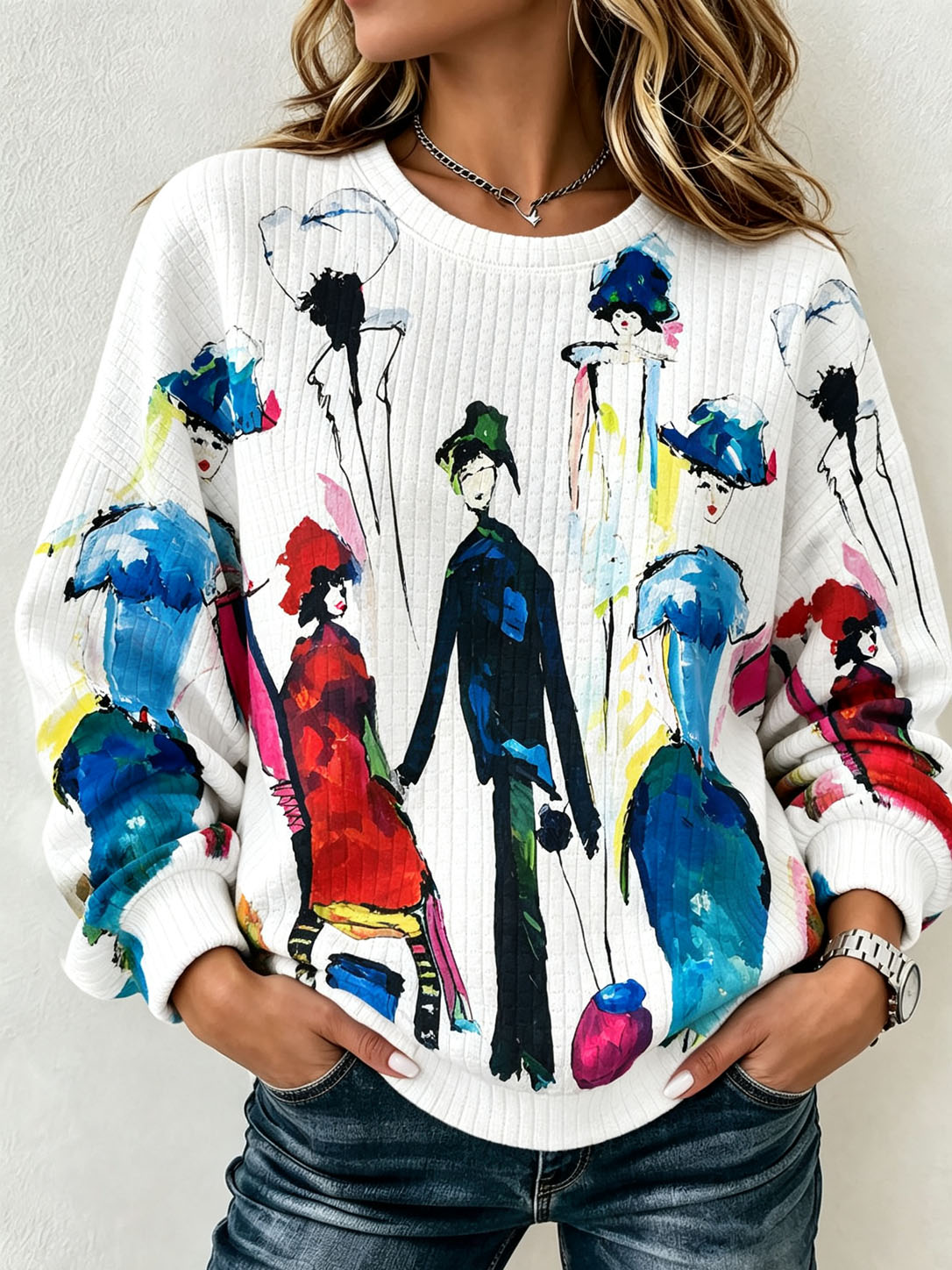 Women's Waffle Knit Crew Neck Sweatshirt, Abstract Fashion Lady Watercolor Art Print Long Sleeve Loose Casual Pullover Tops  >