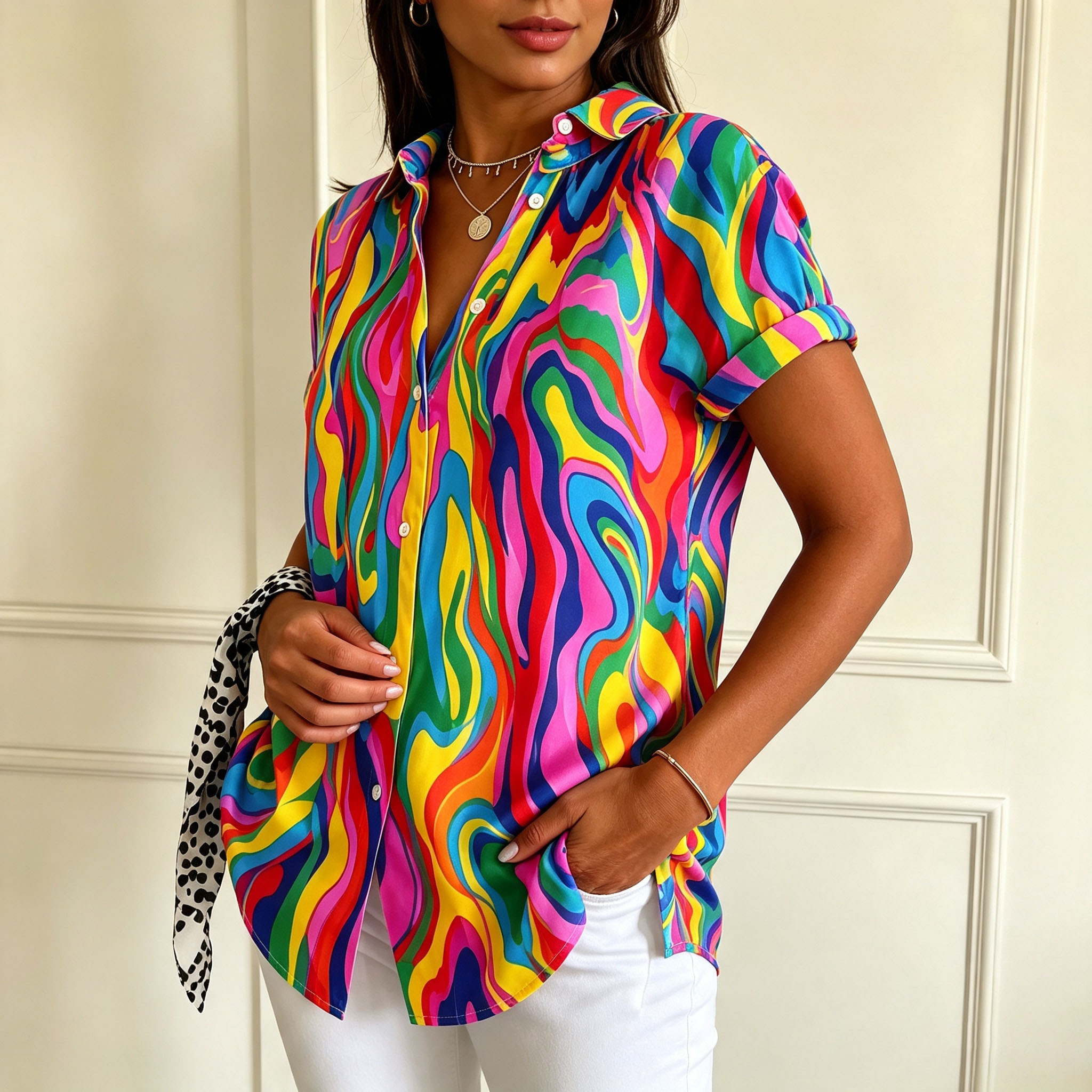 Women's Colorful Abstract Print Button Down Shirt – Short Sleeve Casual Blouse, Lightweight Polyester Top