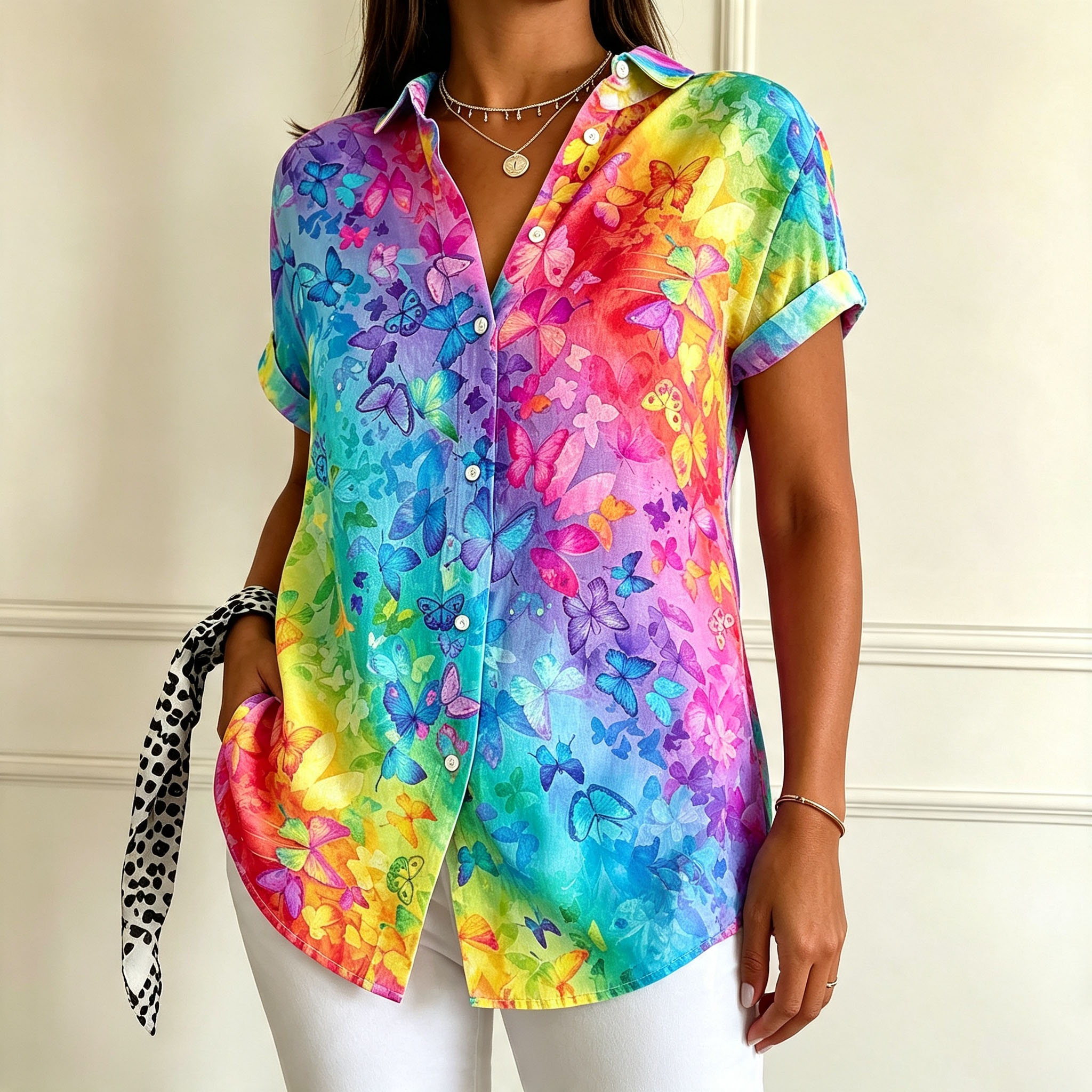 Women’s Colorful Butterfly Print Button Down Shirt – Short Sleeve Casual Blouse with Relaxed Fit for Summer Vacation & Everyday Wear