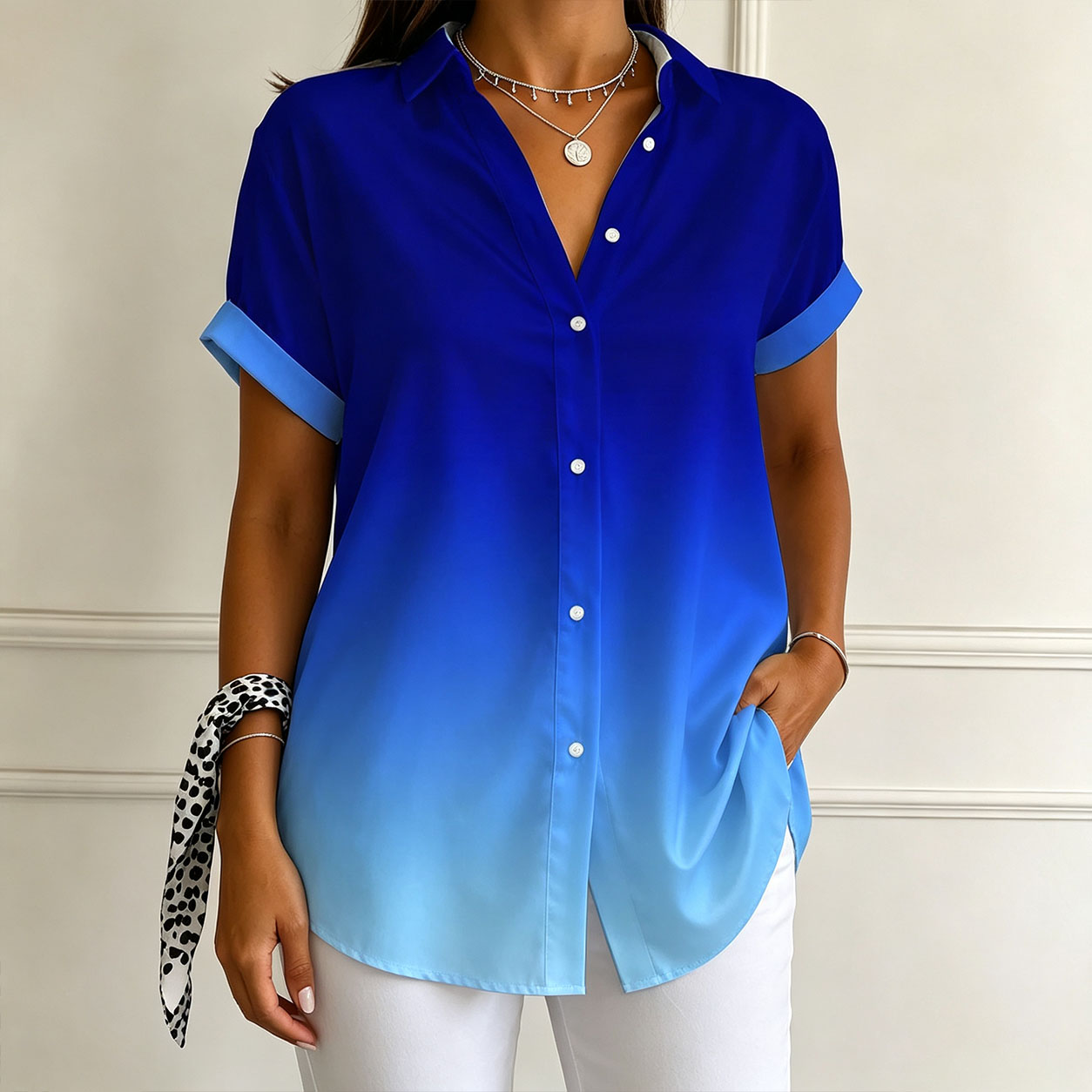 Women’s Button Down Shirts Short Sleeve Casual Blouse Ombre Gradient Tops Loose Fit Collared Tunic Shirt for Summer Vacation Work Office Wear