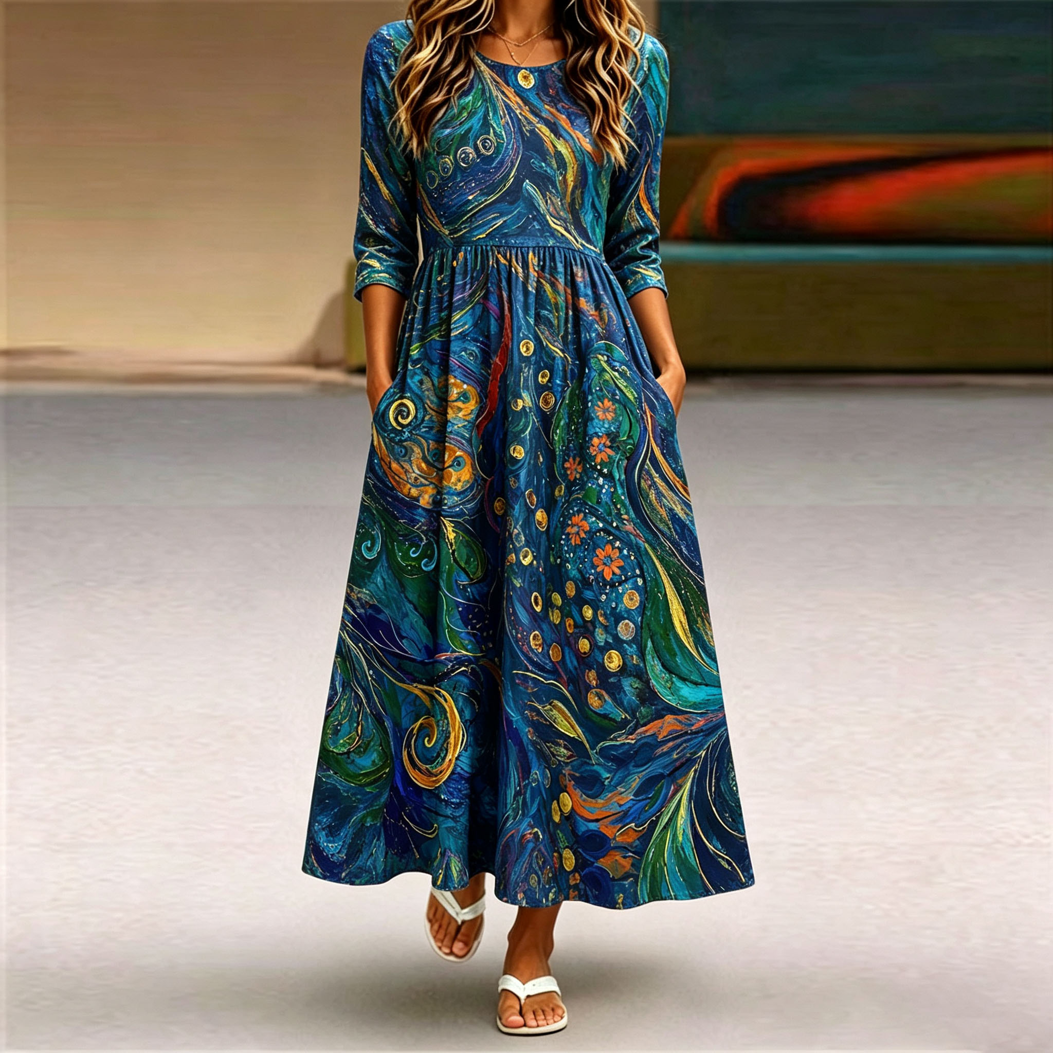 Women’s Artistic Maxi Dress, Blue Abstract Print Long Sleeve Dress, A-Line Swing Casual Dress with Pockets, Lightweight Polyester Boho Dress for Vacation, Party, Fall & Everyday Wear
