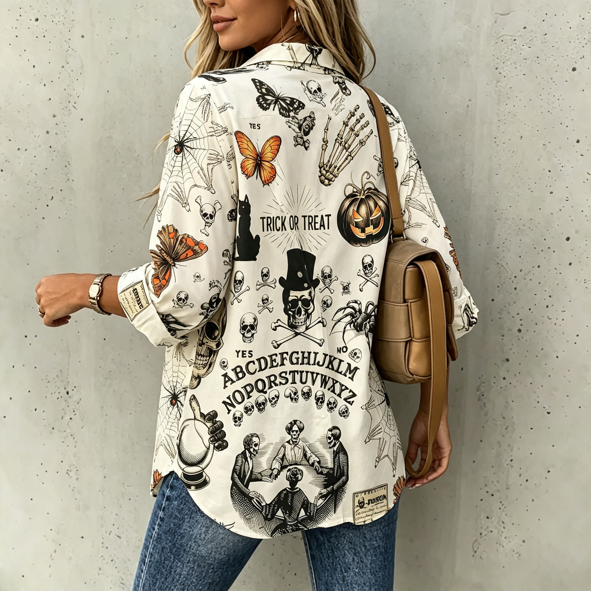 Women's Halloween Button Down Shirt, Retro Gothic Skull Pumpkin Spider Print Long Sleeve Blouse, Casual Loose Fall Top