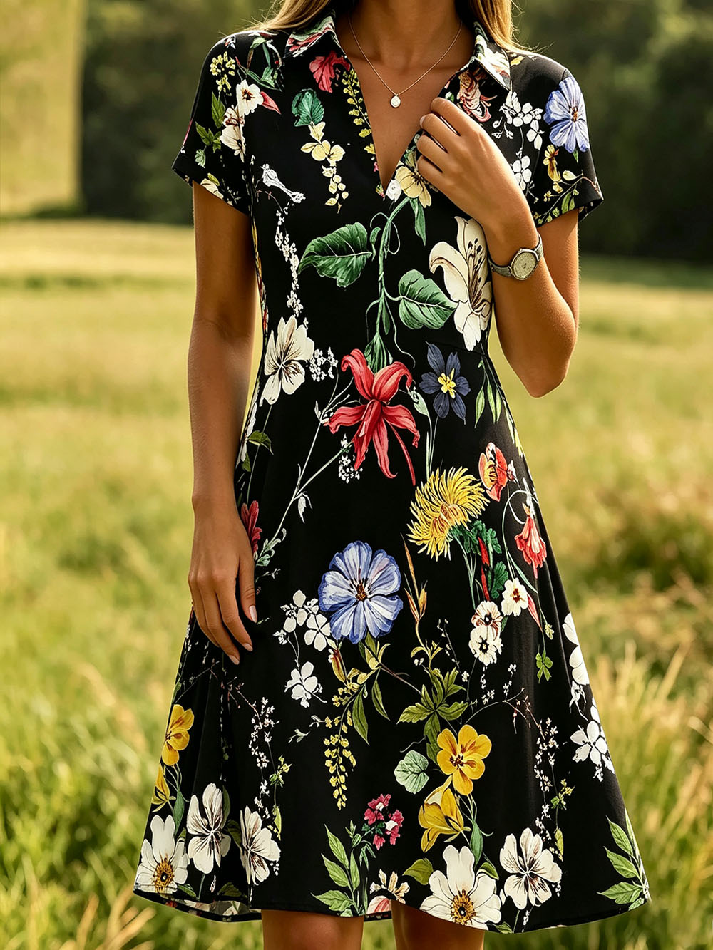 Women’s Black Floral Print V-Neck Dress – Short Sleeve A-Line Casual Summer Dress, Lightweight Polyester Pullover Dress