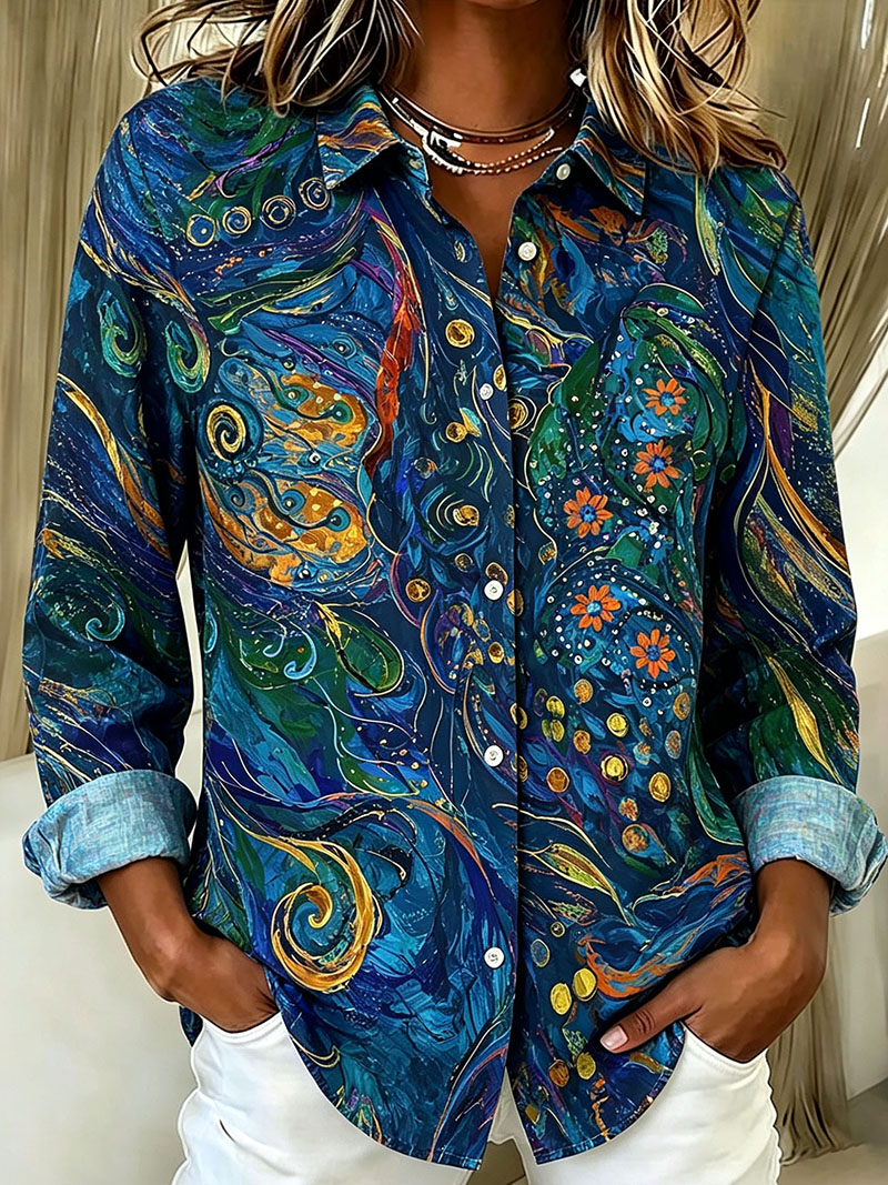 Women's Abstract Floral Print Button Down Shirt – Artistic Long Sleeve Blouse with Lightweight Polyester Fabric