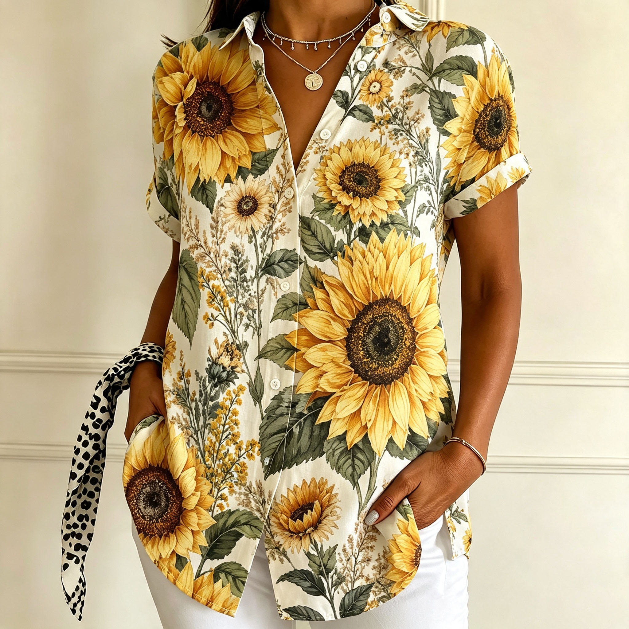 Women's Sunflower Print Button Down Shirt – Short Sleeve Floral Blouse, Lightweight Polyester Casual Top