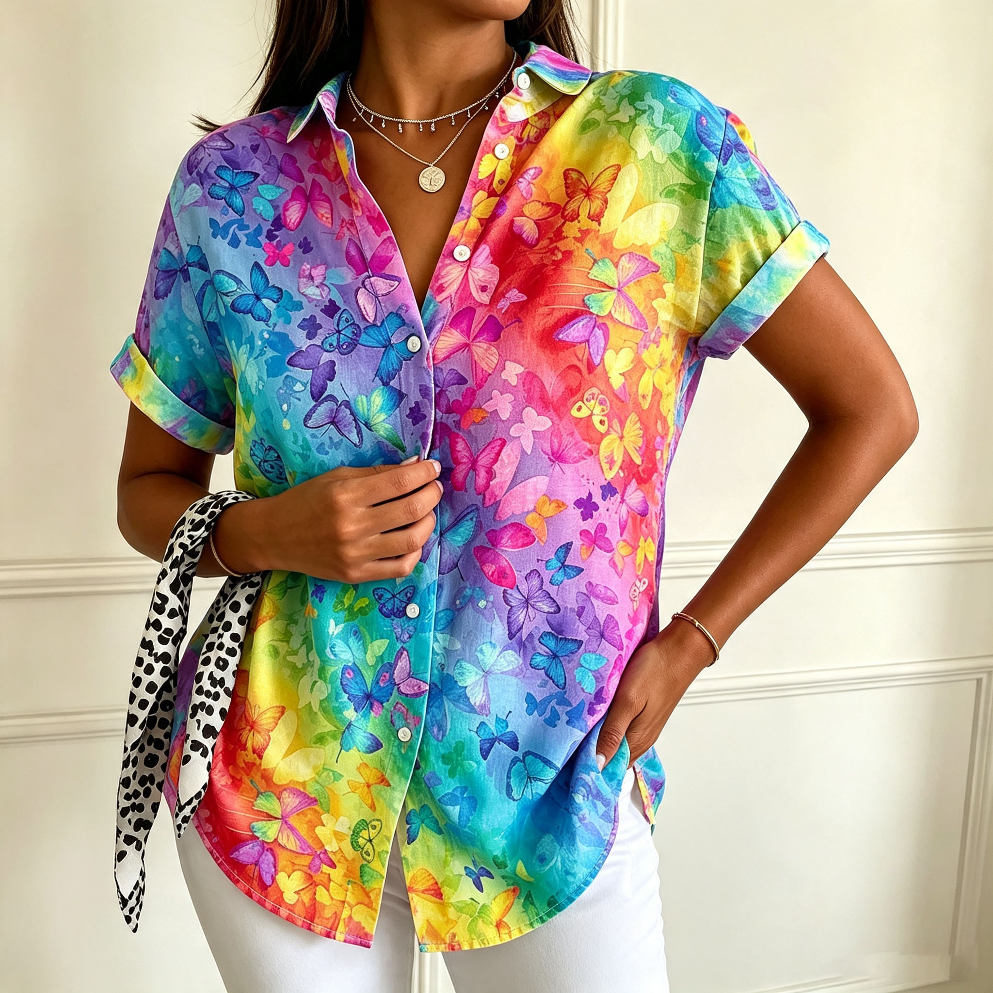 Women’s Colorful Butterfly Print Button Down Shirt – Short Sleeve Casual Blouse with Relaxed Fit for Summer Vacation & Everyday Wear