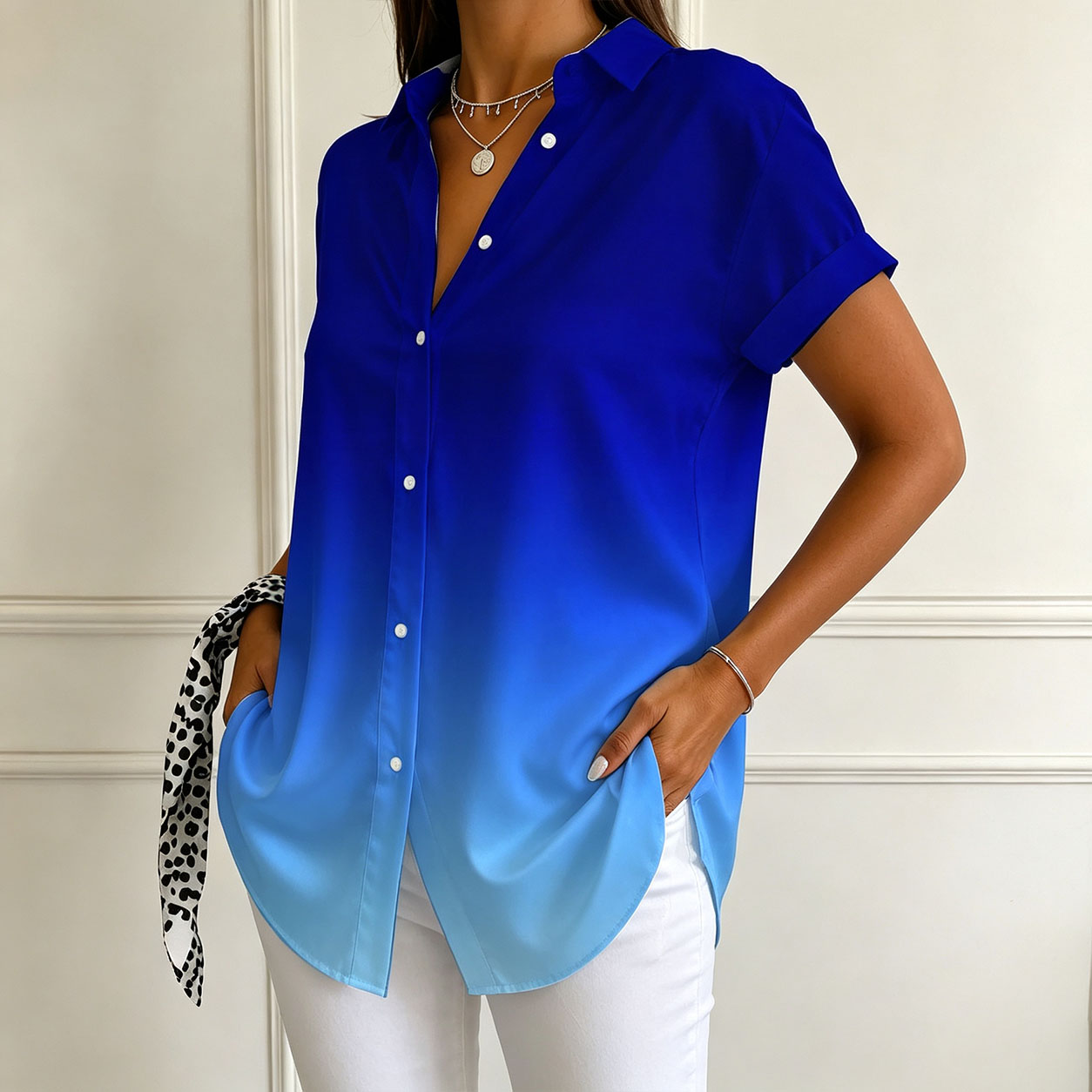Women’s Button Down Shirts Short Sleeve Casual Blouse Ombre Gradient Tops Loose Fit Collared Tunic Shirt for Summer Vacation Work Office Wear