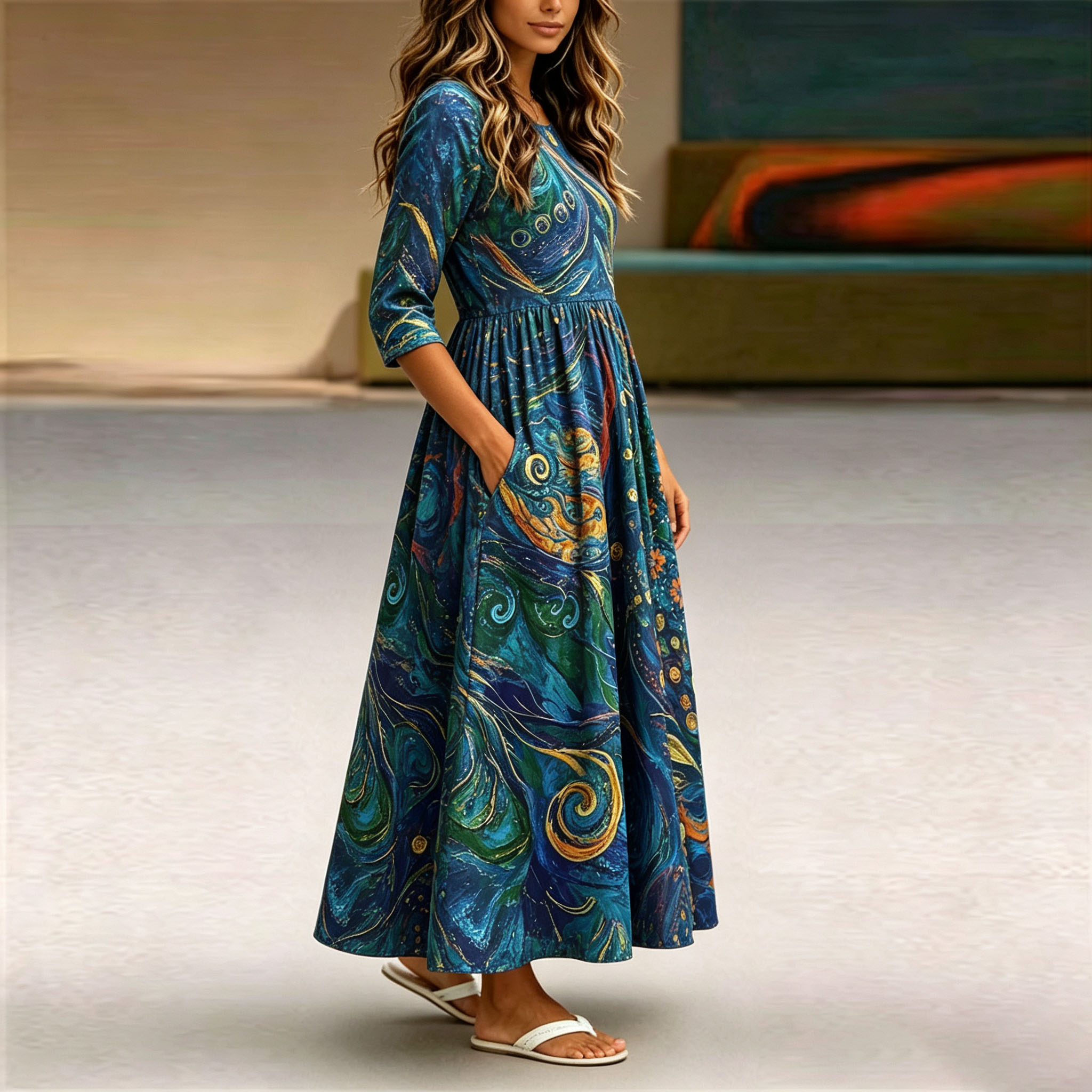Women’s Artistic Maxi Dress, Blue Abstract Print Long Sleeve Dress, A-Line Swing Casual Dress with Pockets, Lightweight Polyester Boho Dress for Vacation, Party, Fall & Everyday Wear