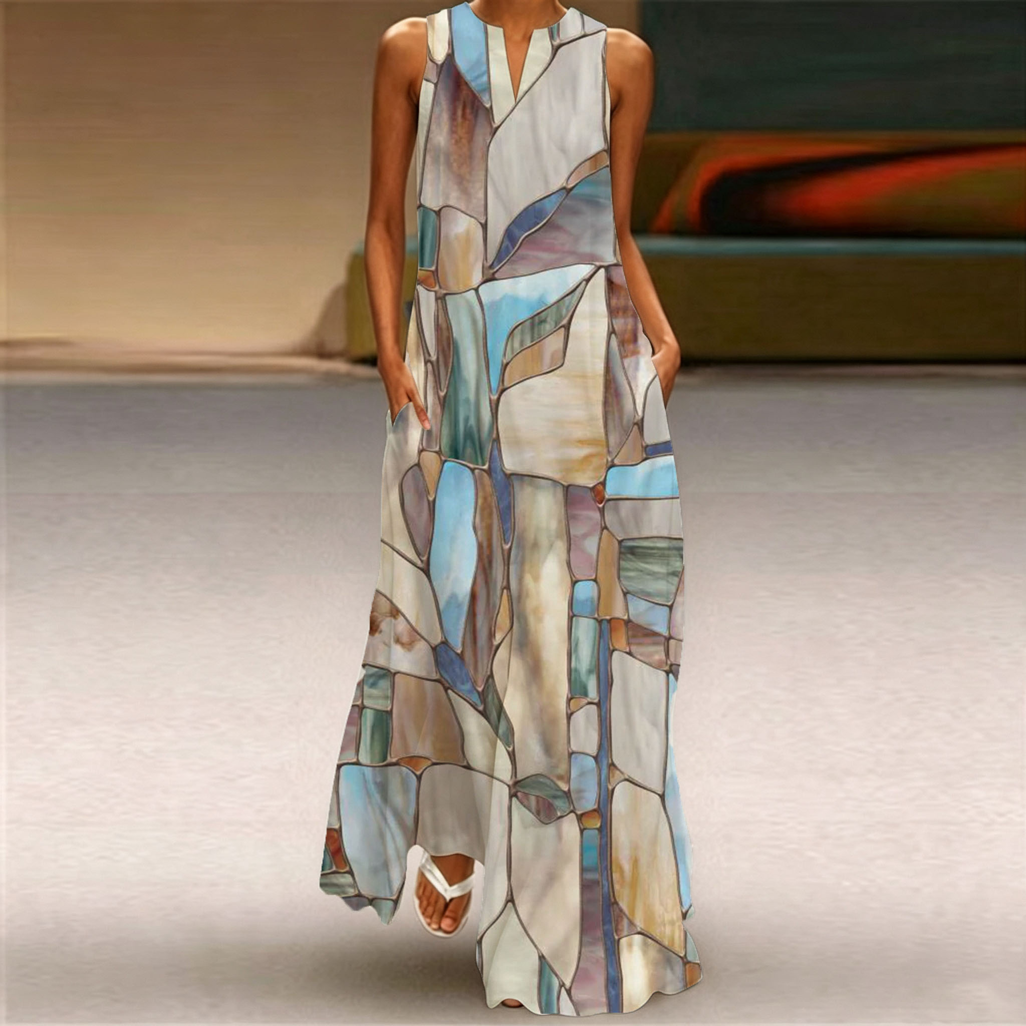 Women's Abstract Geometric Print Maxi Dress – Elegant Sleeveless Loose Fit Summer Dress with Pockets