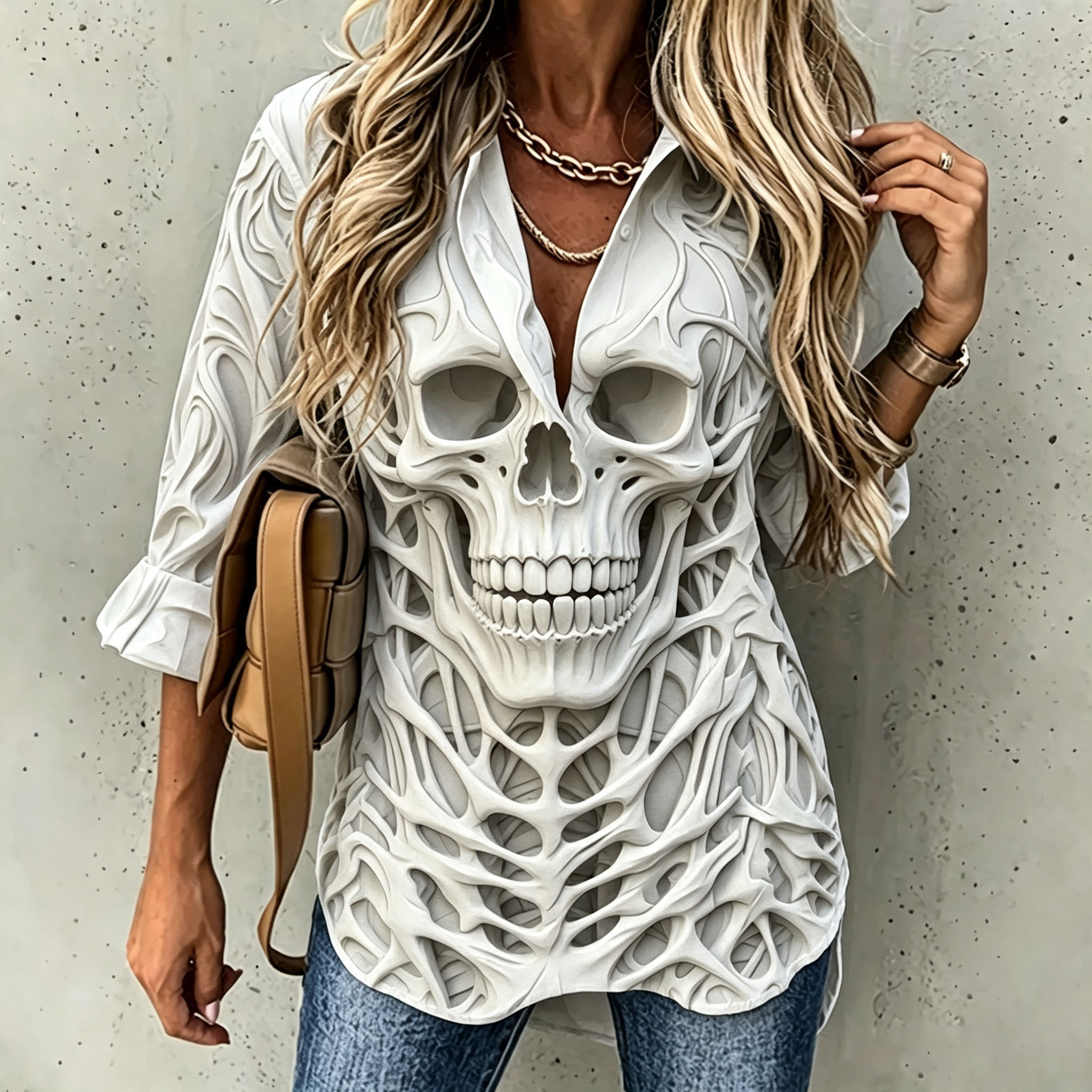Women’s 3D Skull Skeleton Print Button Down Shirt, Gothic Spooky Long‑Sleeve Collared Blouse, Casual Loose Halloween Top