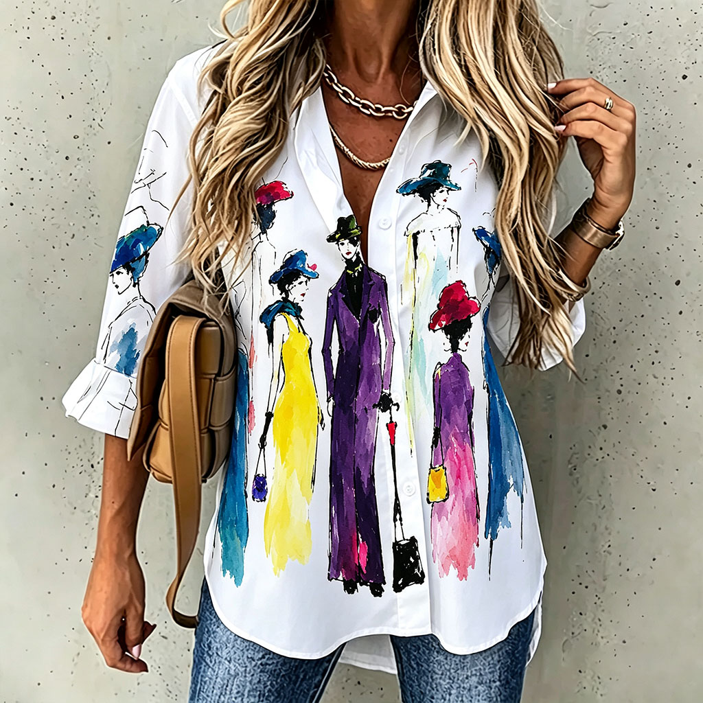   Women's Watercolor Fashion Figure Print Shirt, Casual Button Down Blouse, Long Sleeve Artistic Graphic Top, Loose Fit Tunic Shirt for Women