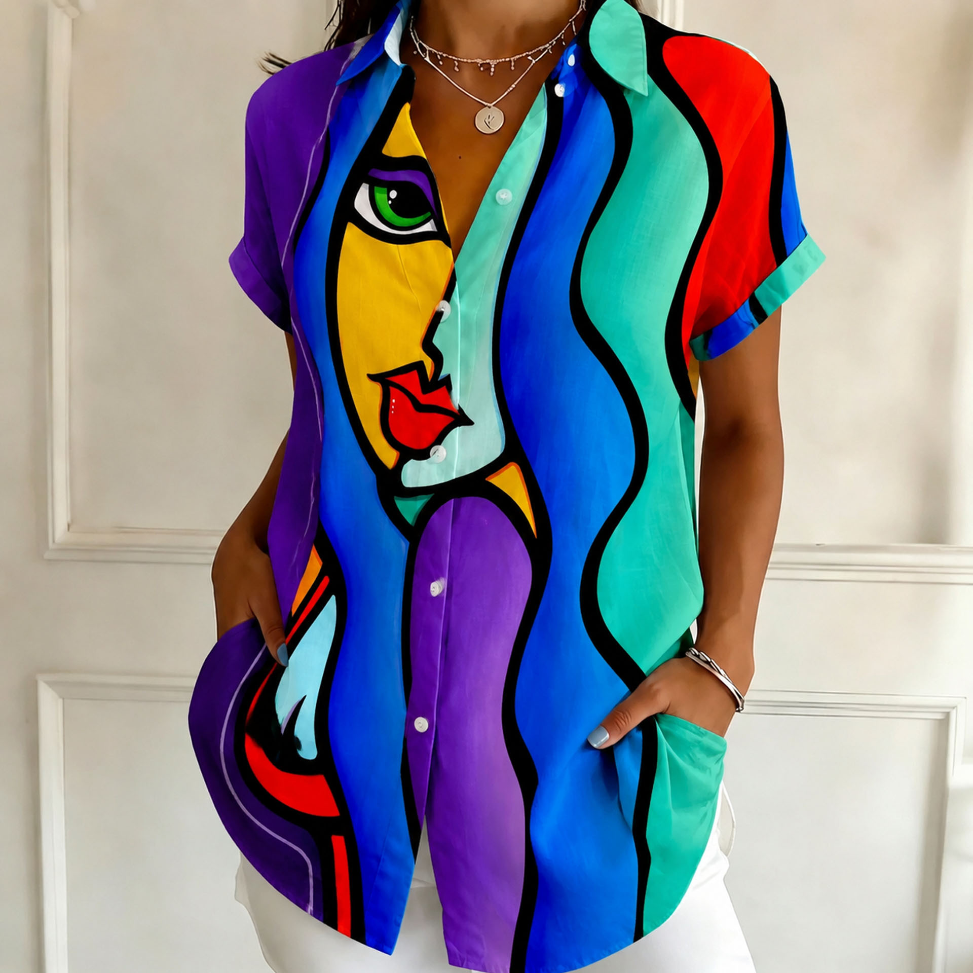 Women's Abstract Face Print Button Down Shirt – Colorful Artistic Short Sleeve Blouse with Lightweight Polyester Fabric