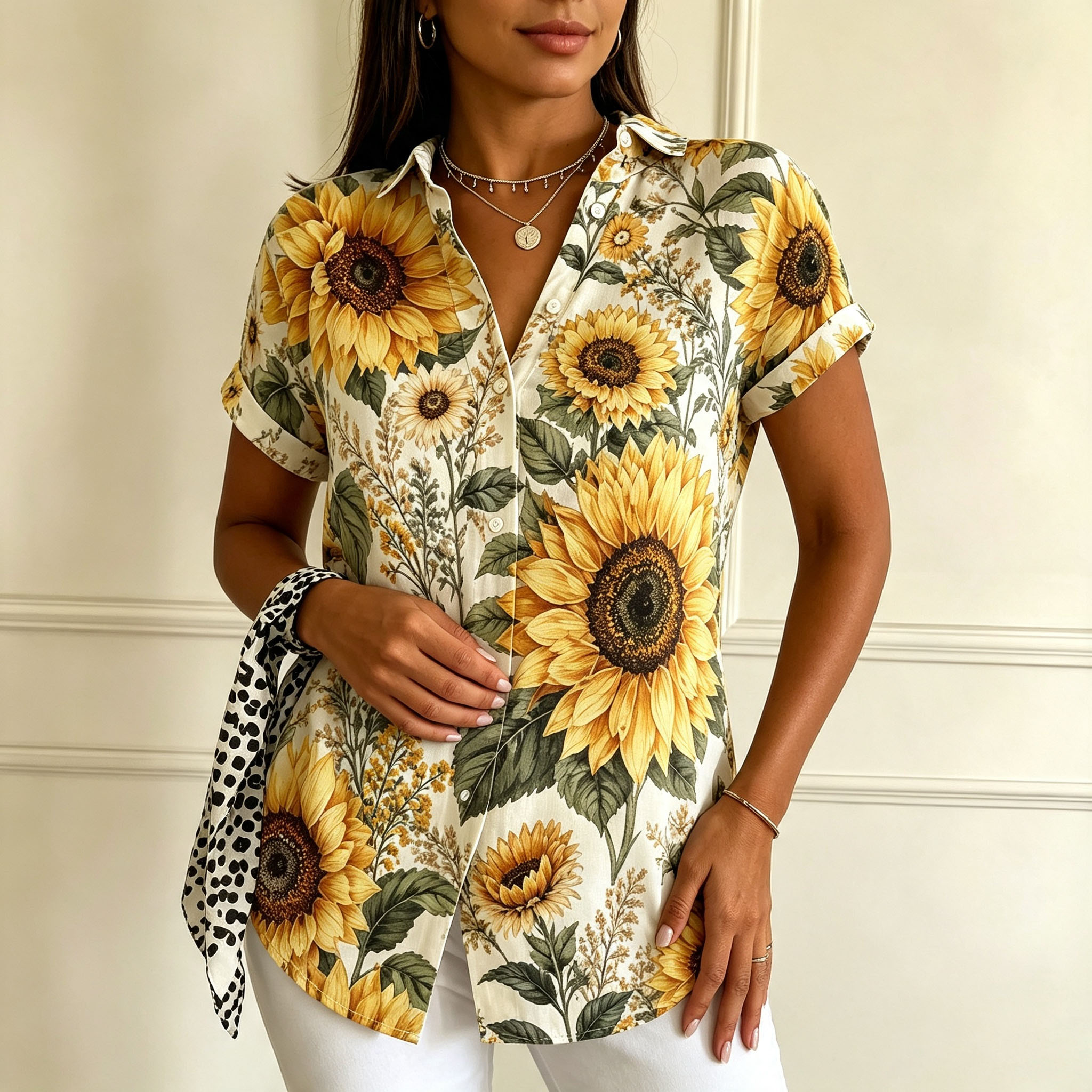 Women's Sunflower Print Button Down Shirt – Short Sleeve Floral Blouse, Lightweight Polyester Casual Top