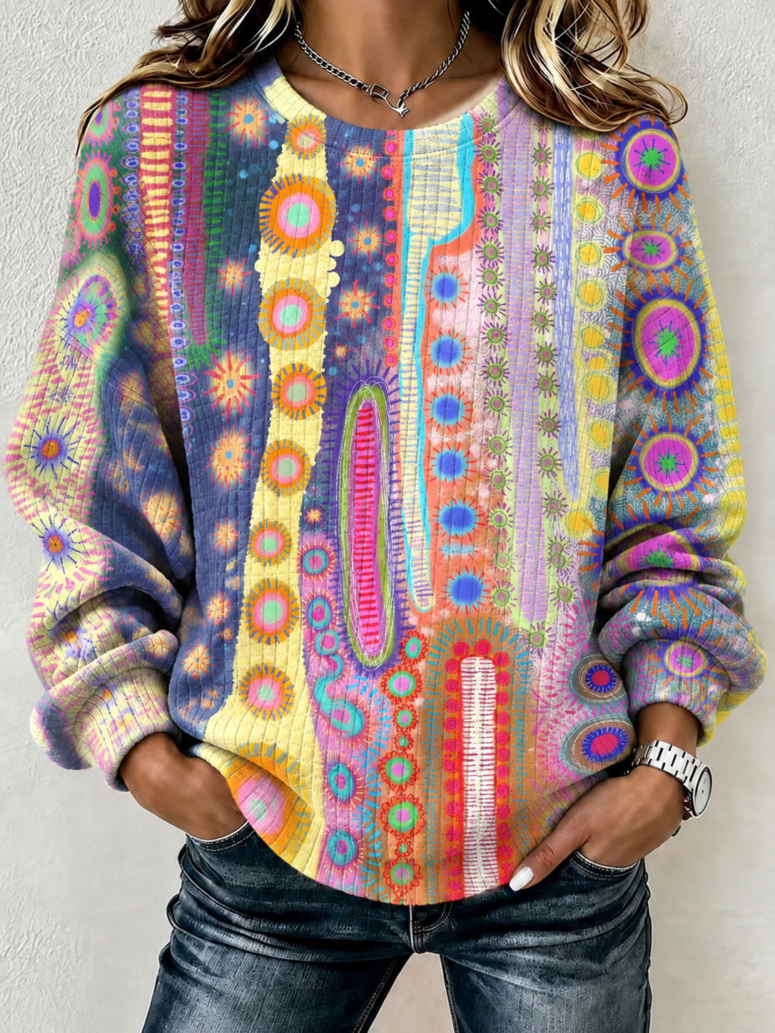 Women's Waffle Knit Sweatshirt Boho Colorful Geometric Abstract Print Crew Neck Long Sleeve Casual Loose Pullover Tops  >