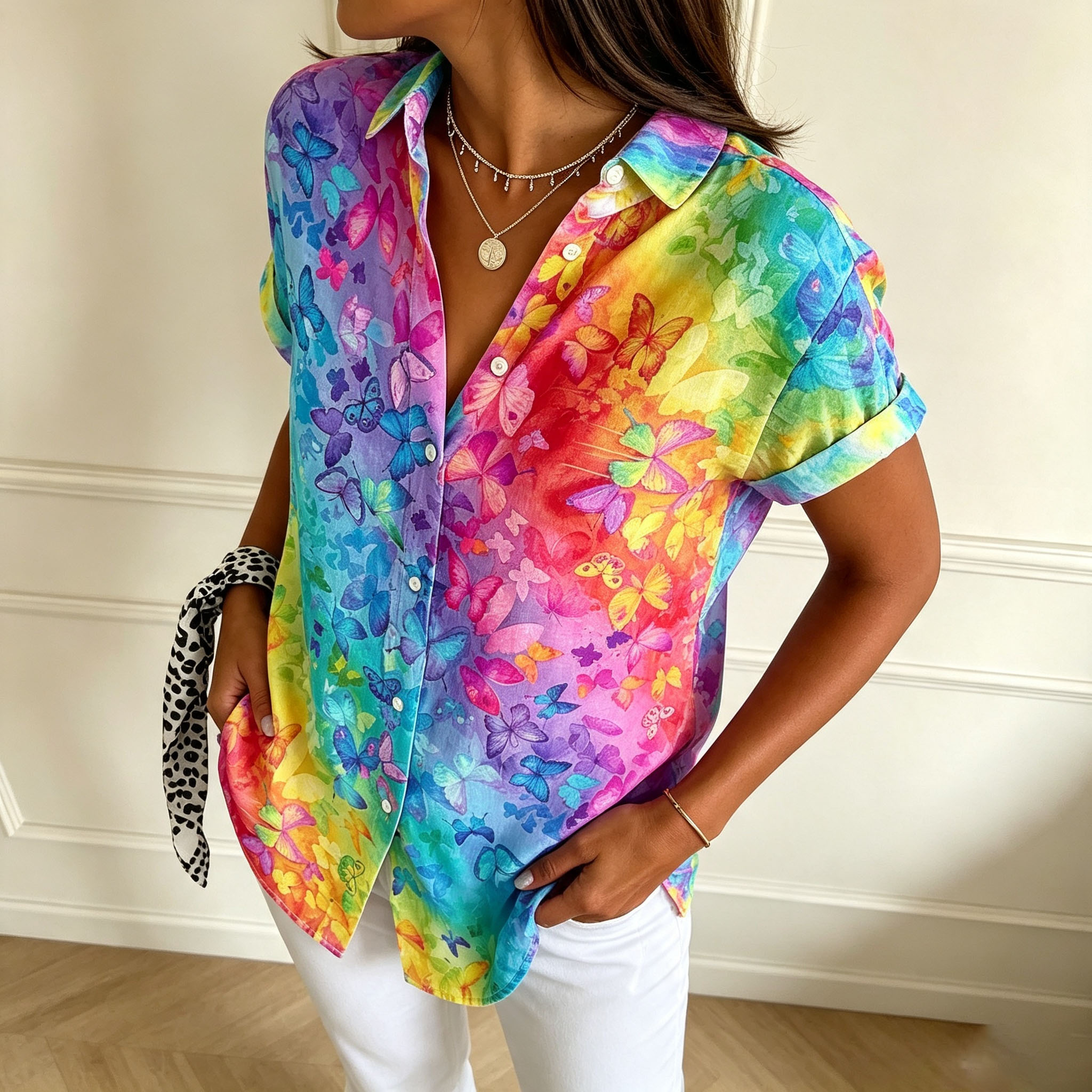 Women’s Colorful Butterfly Print Button Down Shirt – Short Sleeve Casual Blouse with Relaxed Fit for Summer Vacation & Everyday Wear