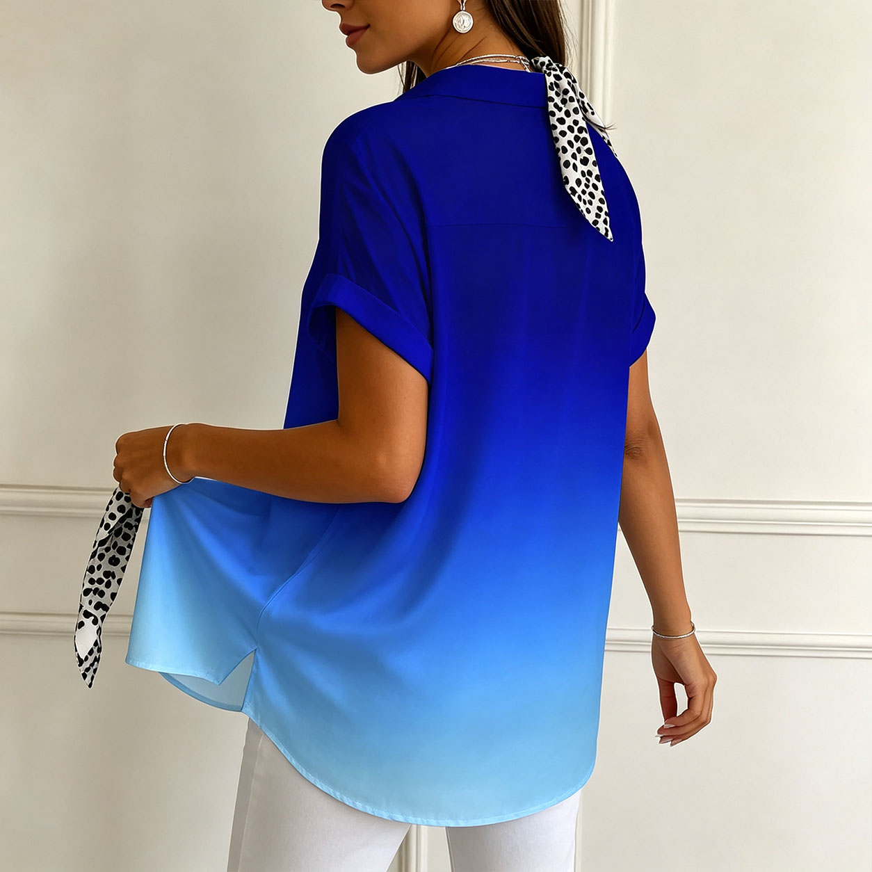 Women’s Button Down Shirts Short Sleeve Casual Blouse Ombre Gradient Tops Loose Fit Collared Tunic Shirt for Summer Vacation Work Office Wear