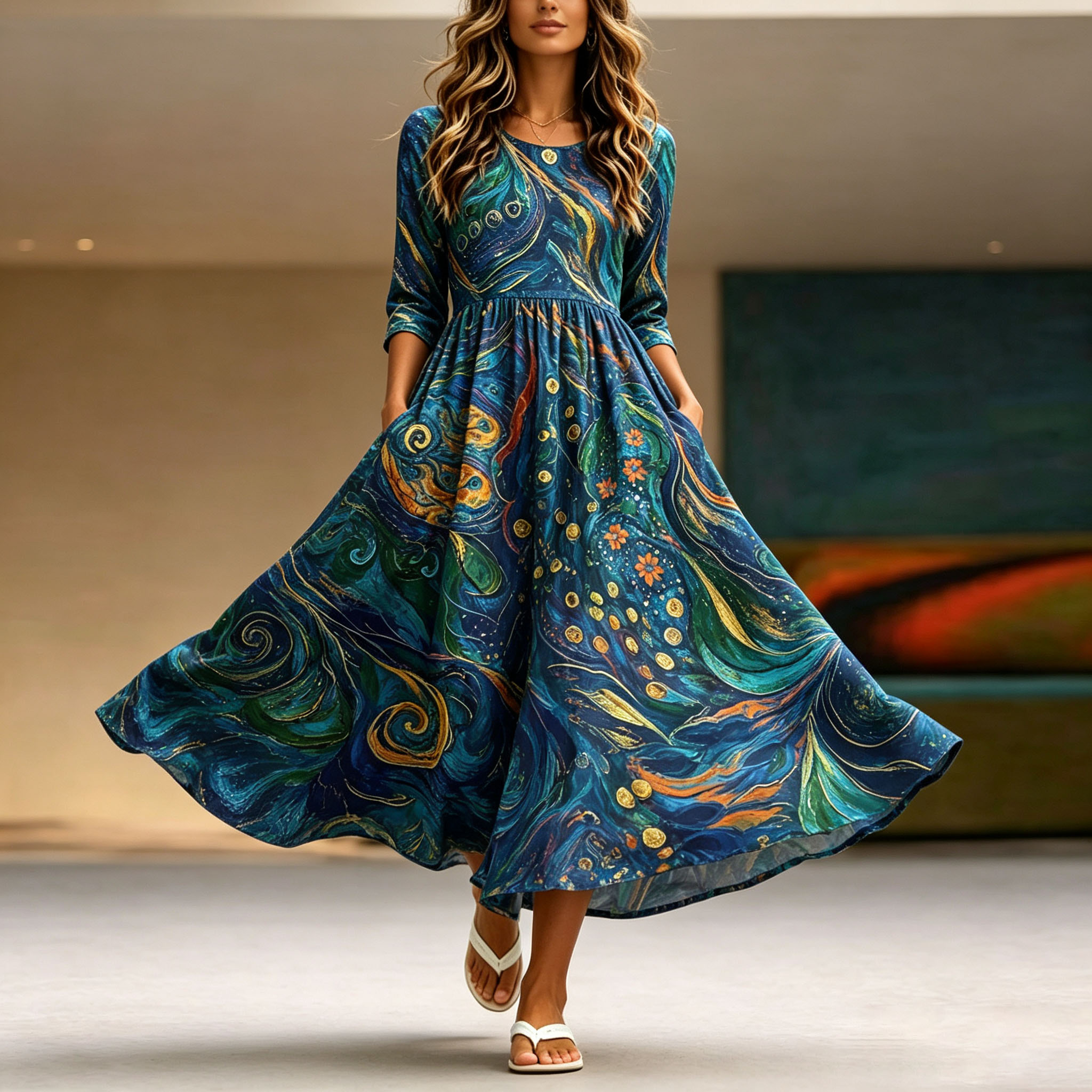 Women’s Artistic Maxi Dress, Blue Abstract Print Long Sleeve Dress, A-Line Swing Casual Dress with Pockets, Lightweight Polyester Boho Dress for Vacation, Party, Fall & Everyday Wear