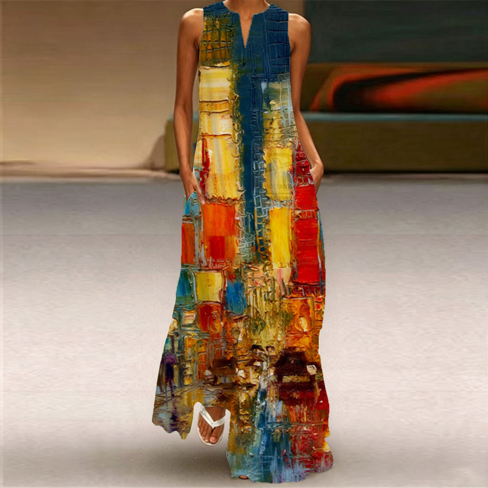 Women Sleeveless Notch V‑Neck Maxi Dress, Vibrant Oil Painting City Art Print Loose Flowy Long Casual Dress With Side Pockets