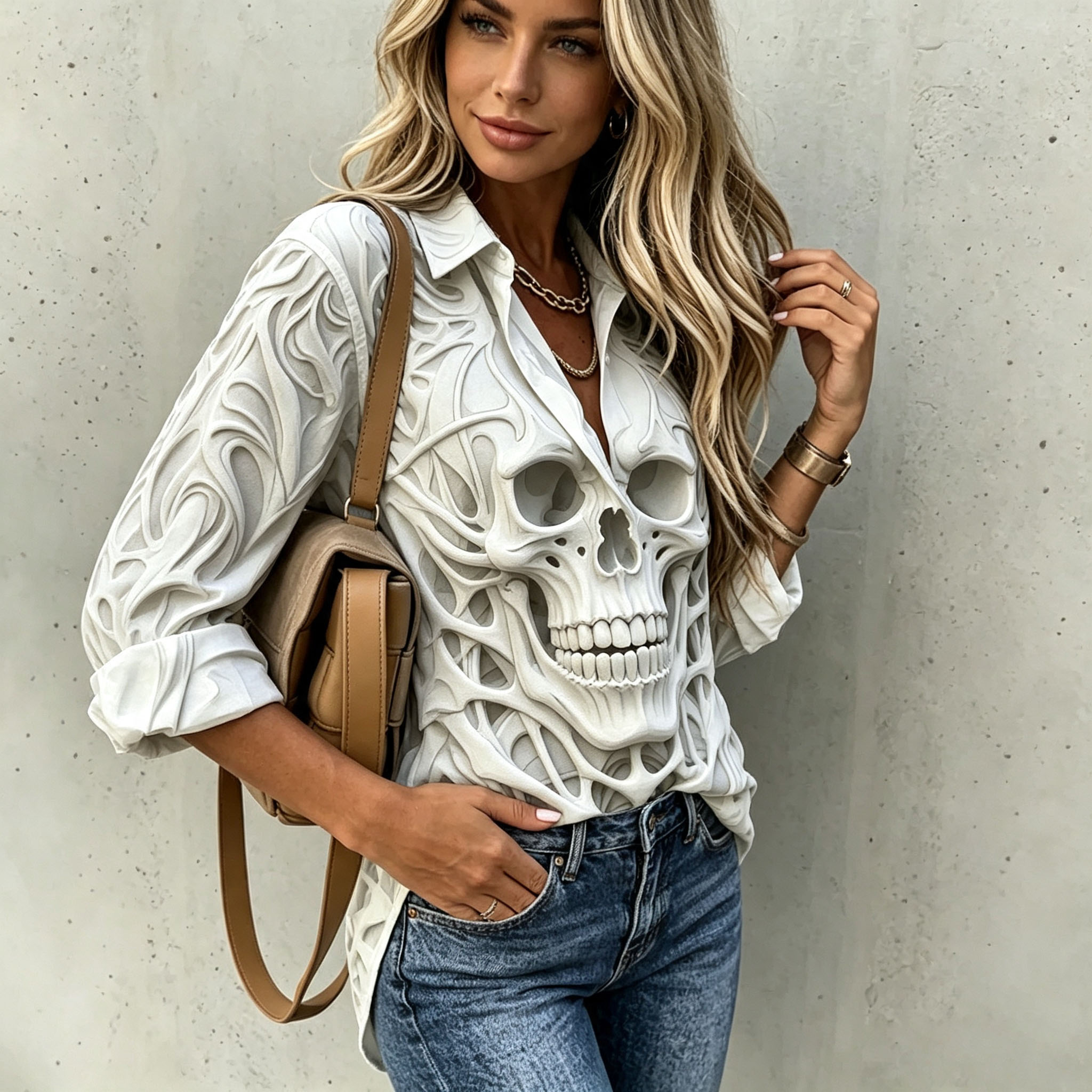Women’s 3D Skull Skeleton Print Button Down Shirt, Gothic Spooky Long‑Sleeve Collared Blouse, Casual Loose Halloween Top