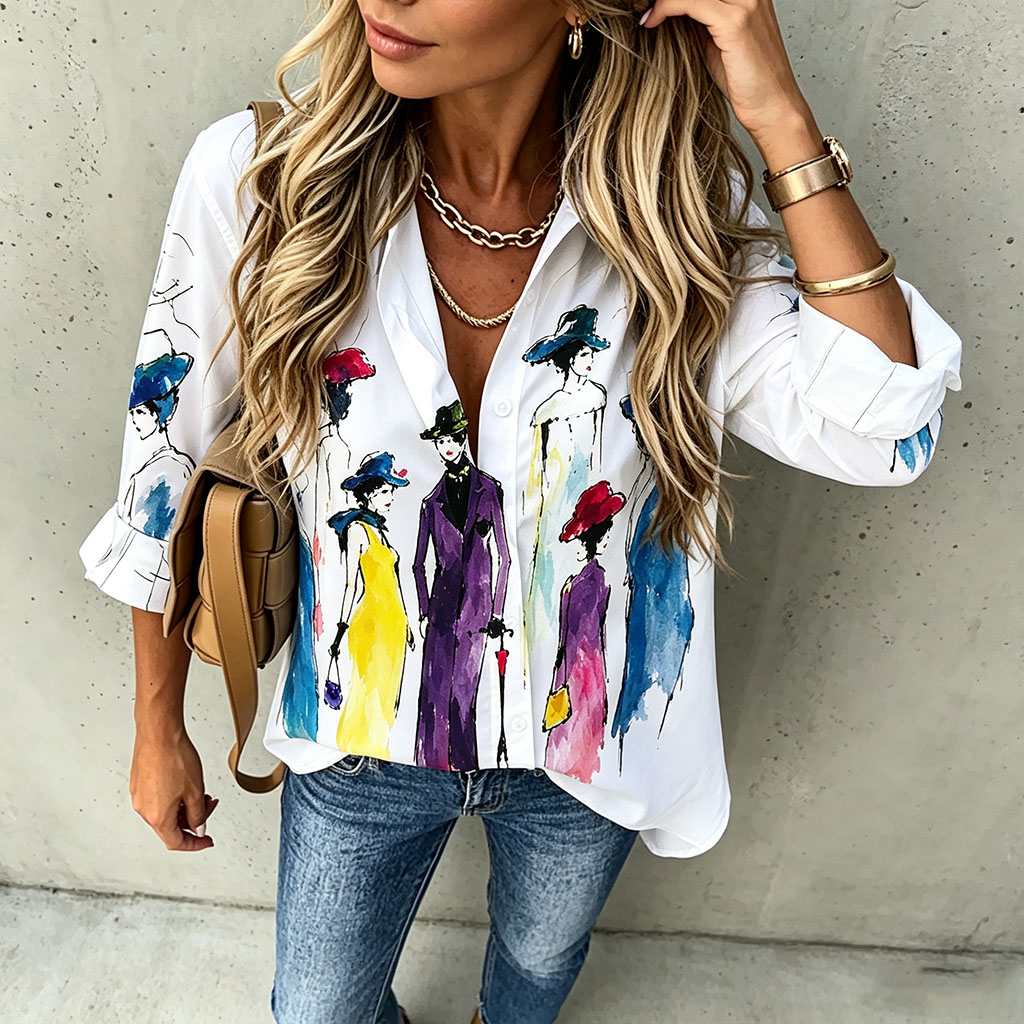   Women's Watercolor Fashion Figure Print Shirt, Casual Button Down Blouse, Long Sleeve Artistic Graphic Top, Loose Fit Tunic Shirt for Women-gemscharms