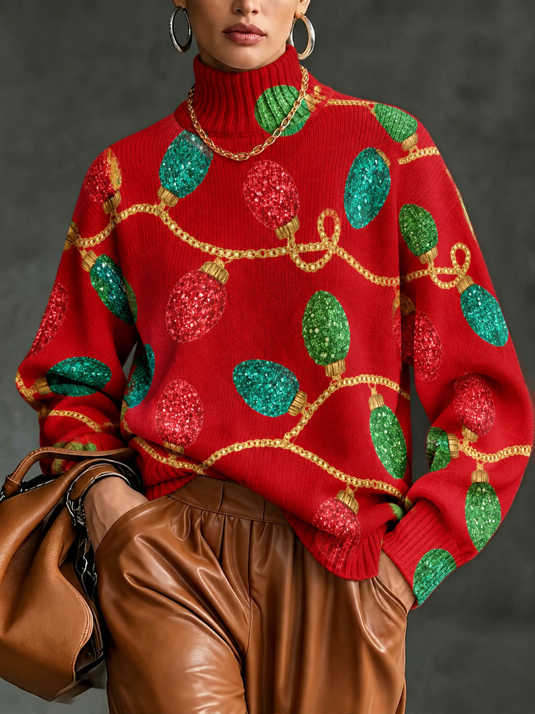 Women's Christmas Sweater, Festive Light Bulb Print Turtleneck Knit Pullover, Red Holiday Long Sleeve Oversized Sweater Top for Winter Xmas Party