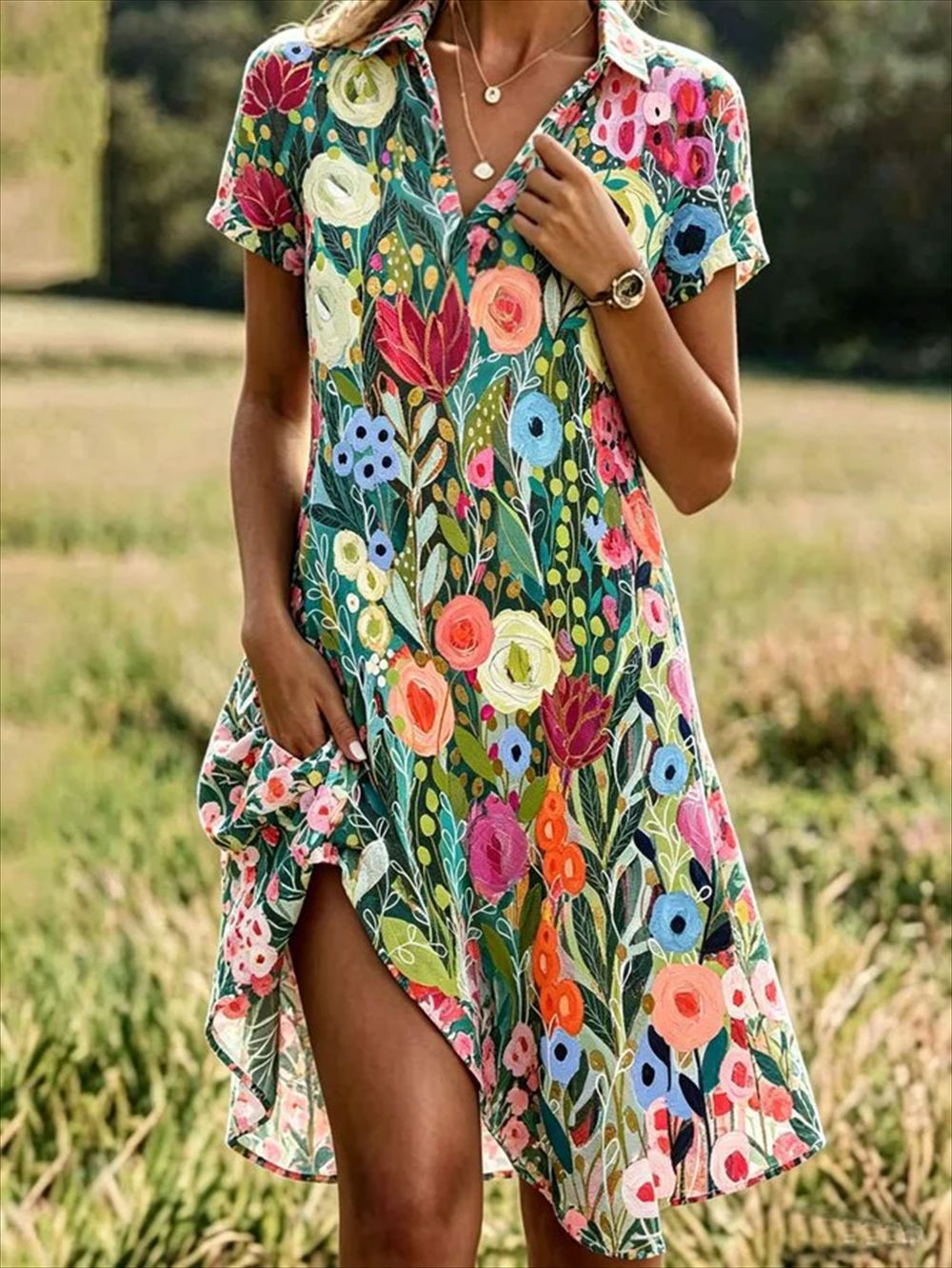 Women’s Floral Print Buttonless Summer Dress – Lightweight Polyester Short Sleeve Casual Dress