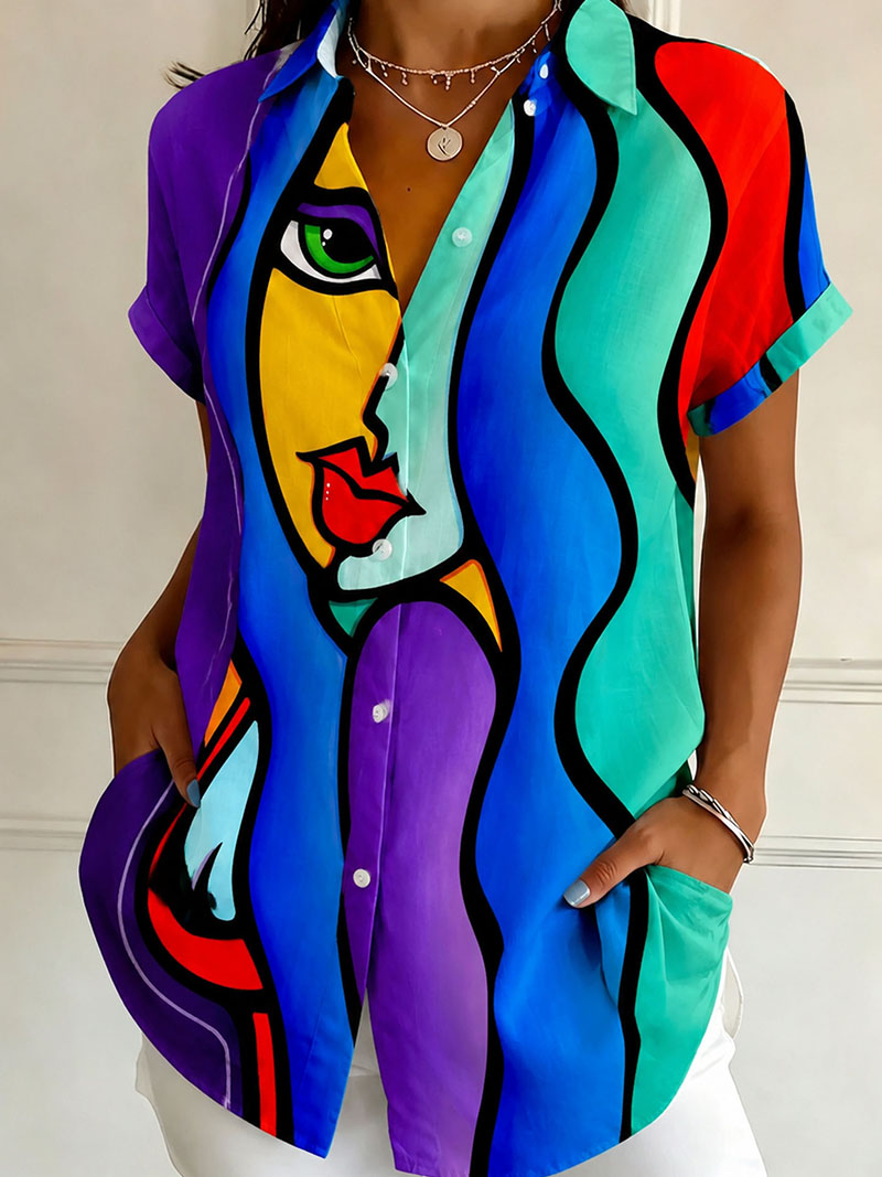 Women's Abstract Face Print Button Down Shirt – Colorful Artistic Short Sleeve Blouse with Lightweight Polyester Fabric