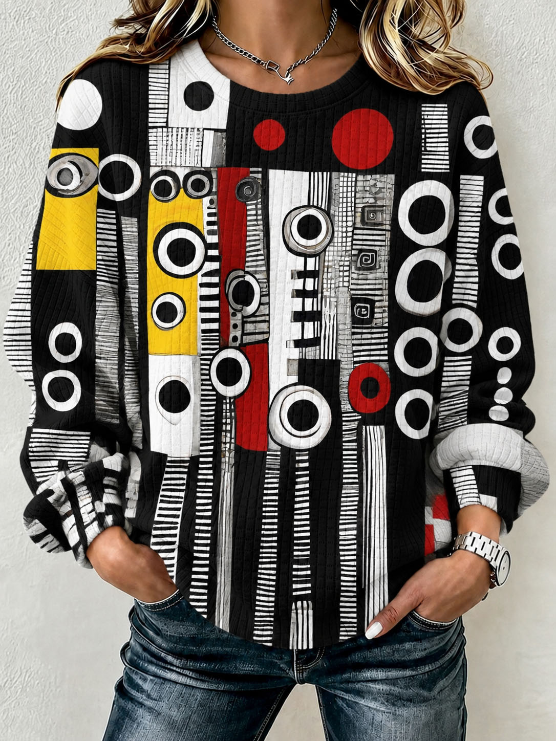Women's Waffle Knit Sweatshirt Abstract Geometric Circle Stripe Print Crew Neck Long Sleeve Casual Loose Pullover Tops  >