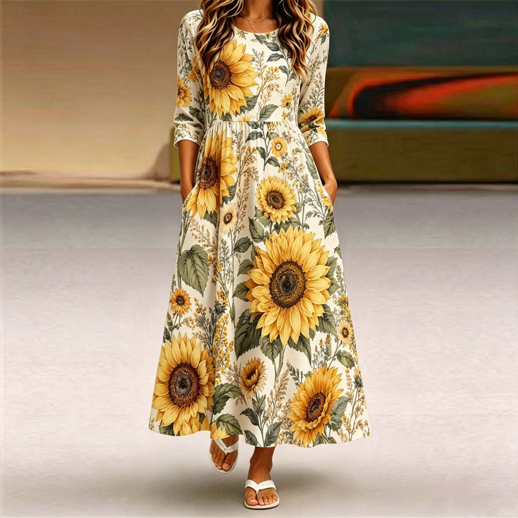 Women's Sunflower Floral Midi Dress – Casual Swing Dress with Pockets, Lightweight Polyester Long Dress-gemscharms