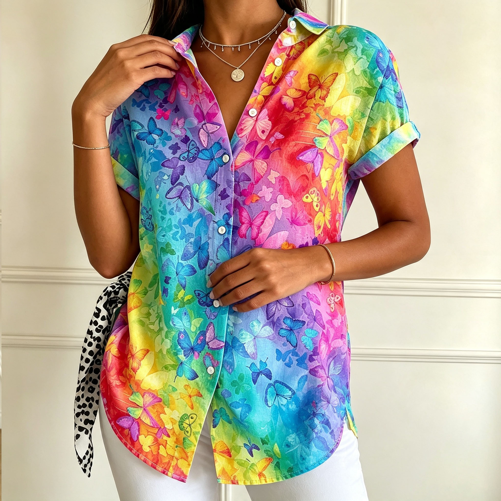 Women’s Colorful Butterfly Print Button Down Shirt – Short Sleeve Casual Blouse with Relaxed Fit for Summer Vacation & Everyday Wear