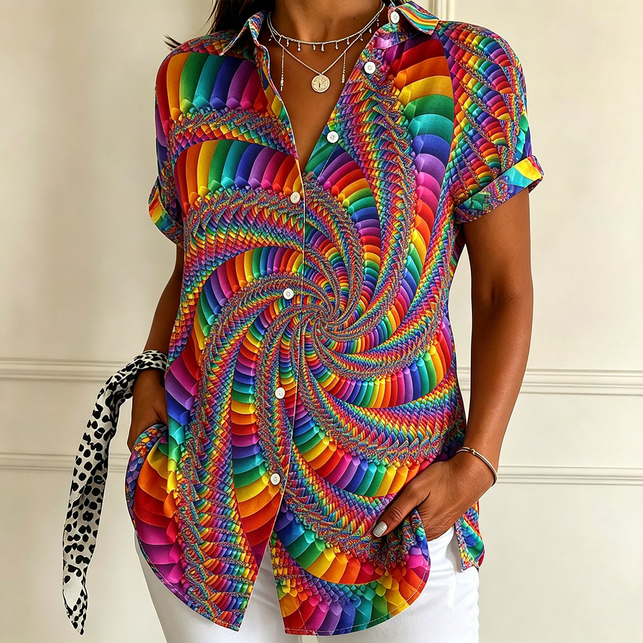 Women’s Colorful Button Down Shirt Short Sleeve Casual Blouse Rainbow Print Loose Fit Collared Tunic Tops Summer Vacation Work Office Wear-gemscharms