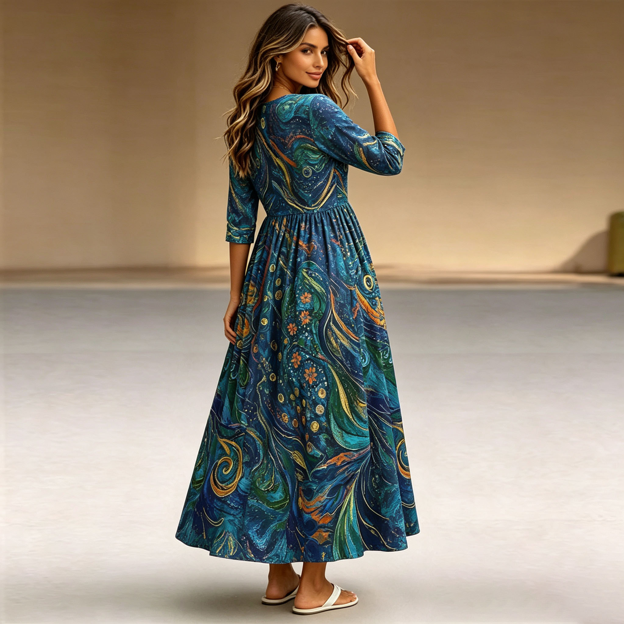 Women’s Artistic Maxi Dress, Blue Abstract Print Long Sleeve Dress, A-Line Swing Casual Dress with Pockets, Lightweight Polyester Boho Dress for Vacation, Party, Fall & Everyday Wear