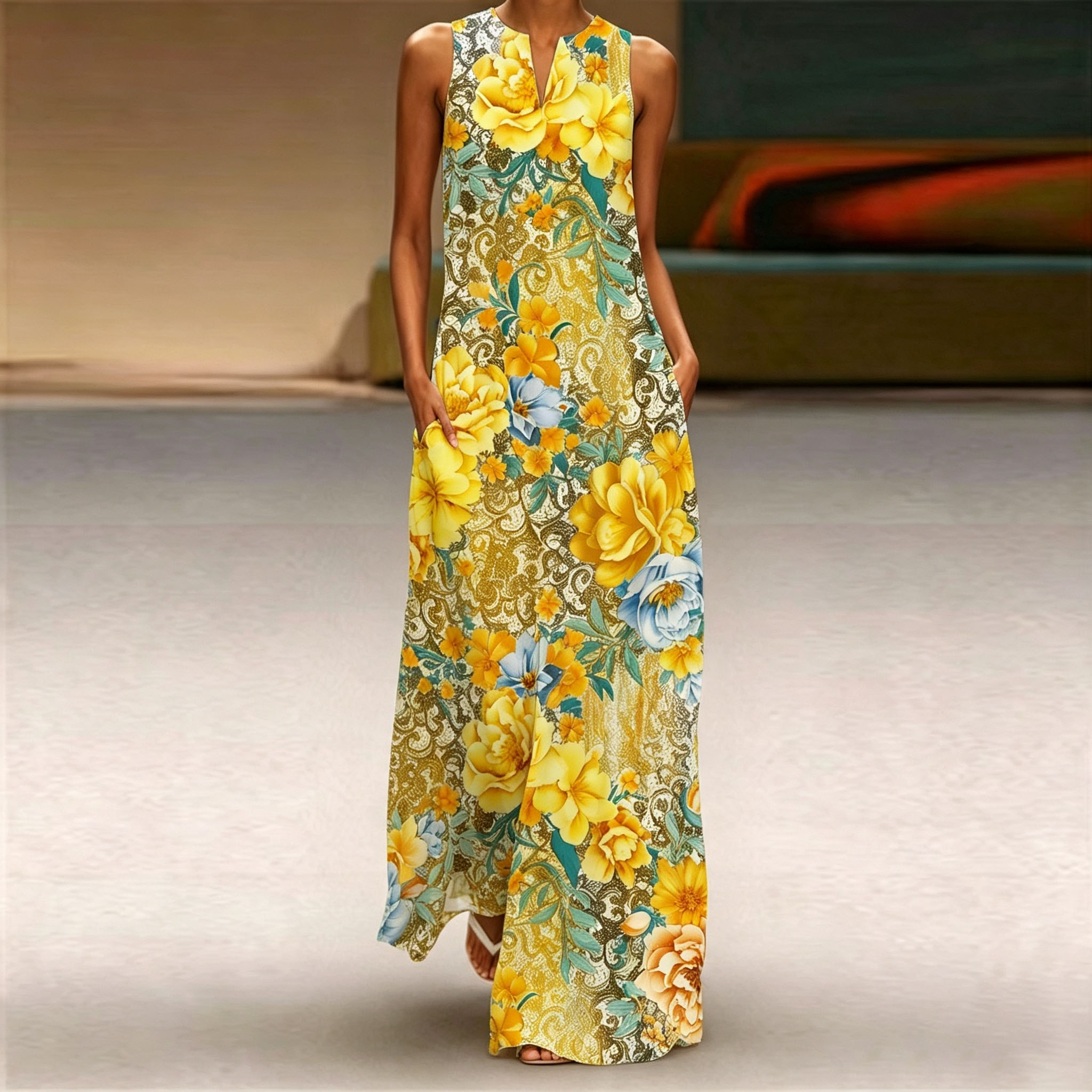 Women's Yellow Floral Print Maxi Dress – Sleeveless Summer Casual Dress with Elegant Vintage Flower Pattern and Relaxed Fit