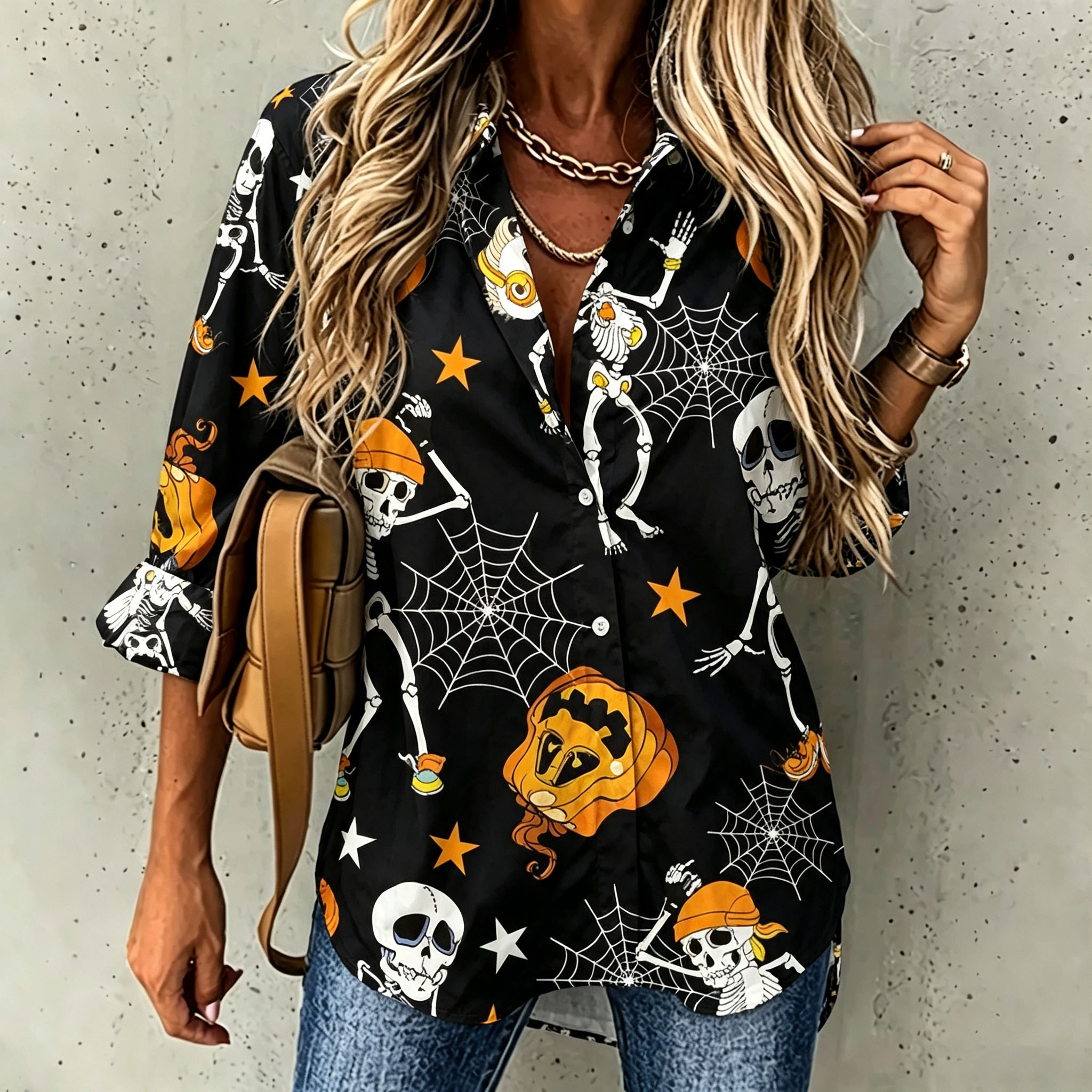 Women Halloween Button Down Shirt, Funny Dancing Skeleton Pumpkin Spider Web Print Blouse, Casual Loose Long‑Sleeve Fall Top
