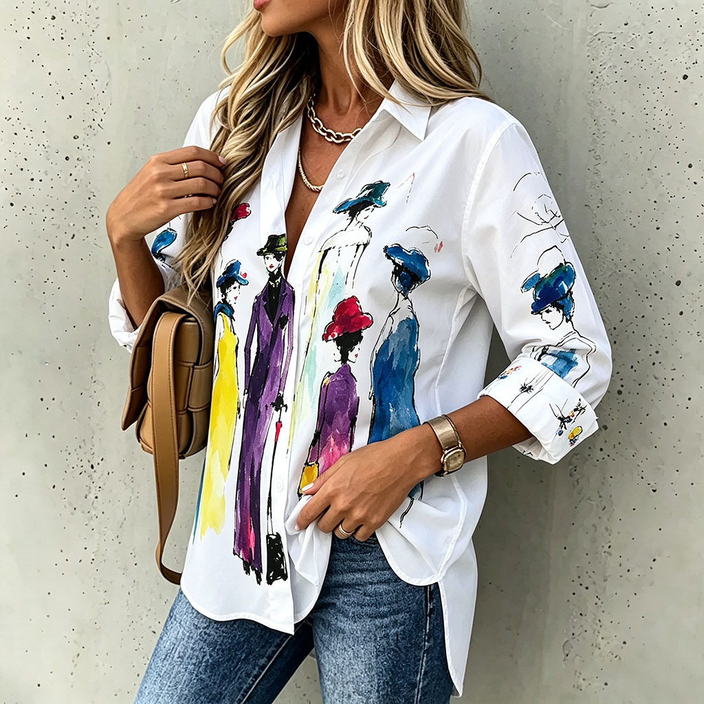   Women's Watercolor Fashion Figure Print Shirt, Casual Button Down Blouse, Long Sleeve Artistic Graphic Top, Loose Fit Tunic Shirt for Women