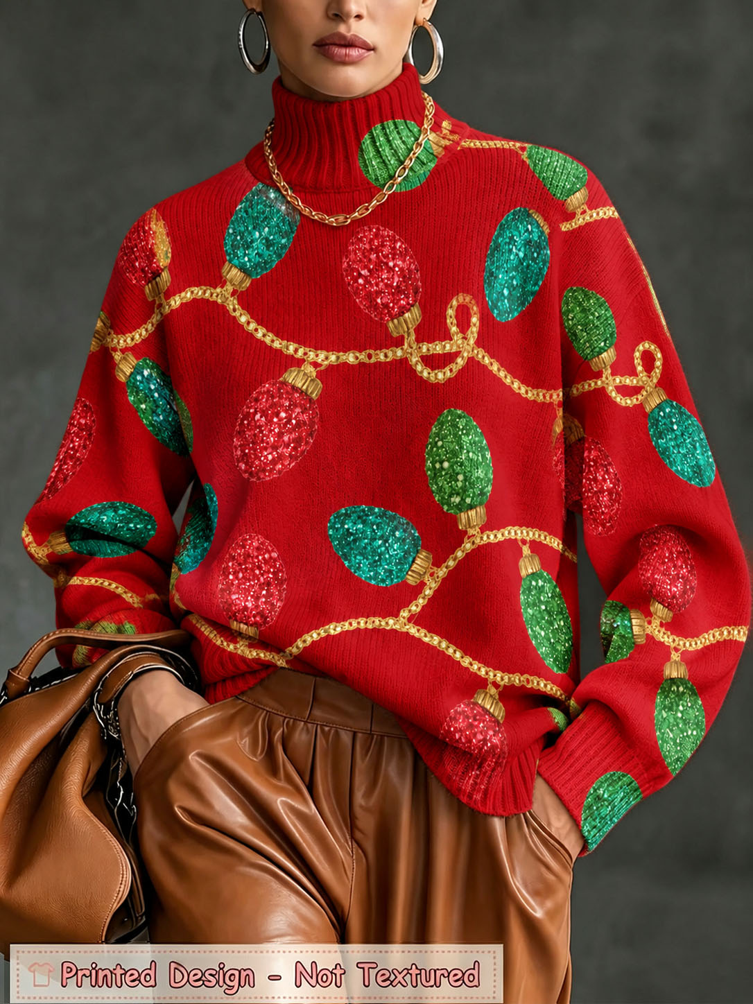 Women's Christmas Sweater, Festive Light Bulb Print Turtleneck Knit Pullover, Red Holiday Long Sleeve Oversized Sweater Top for Winter Xmas Party