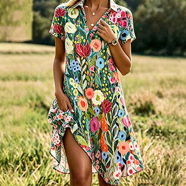 Women’s Floral Print Buttonless Summer Dress – Lightweight Polyester Short Sleeve Casual Dress