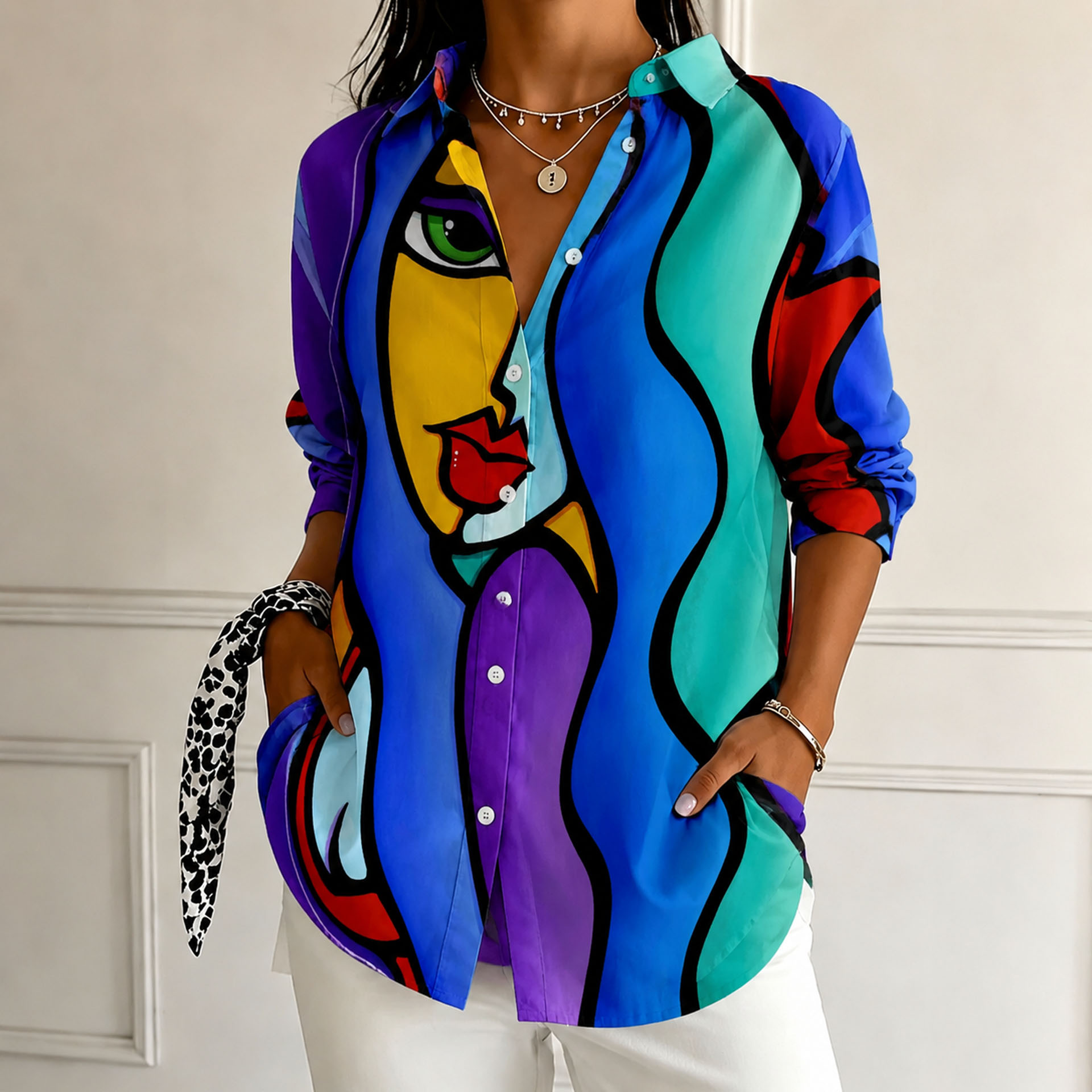 Women's Abstract Face Print Button Down Shirt – Colorful Artistic Long Sleeve Blouse with Lightweight Polyester Fabric