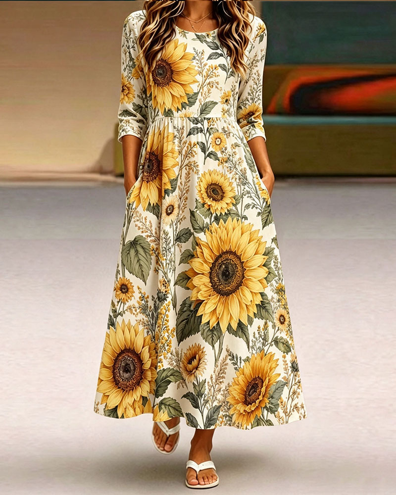 Women's Sunflower Floral Midi Dress – Casual Swing Dress with Pockets, Lightweight Polyester Long Dress-gemscharms