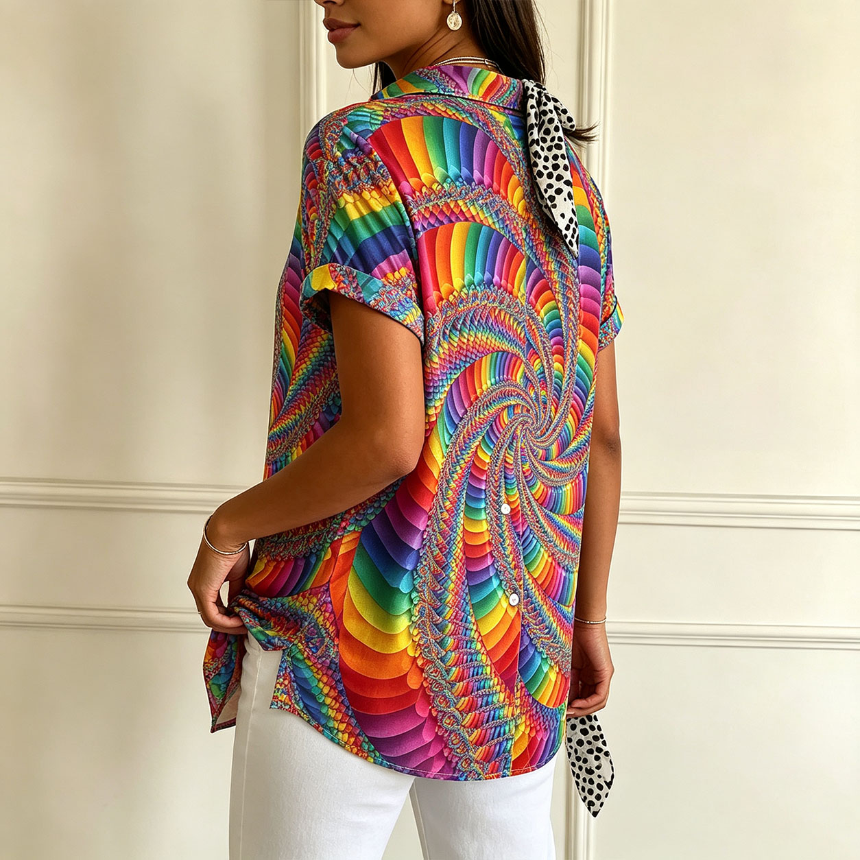 Women’s Colorful Button Down Shirt Short Sleeve Casual Blouse Rainbow Print Loose Fit Collared Tunic Tops Summer Vacation Work Office Wear-gemscharms