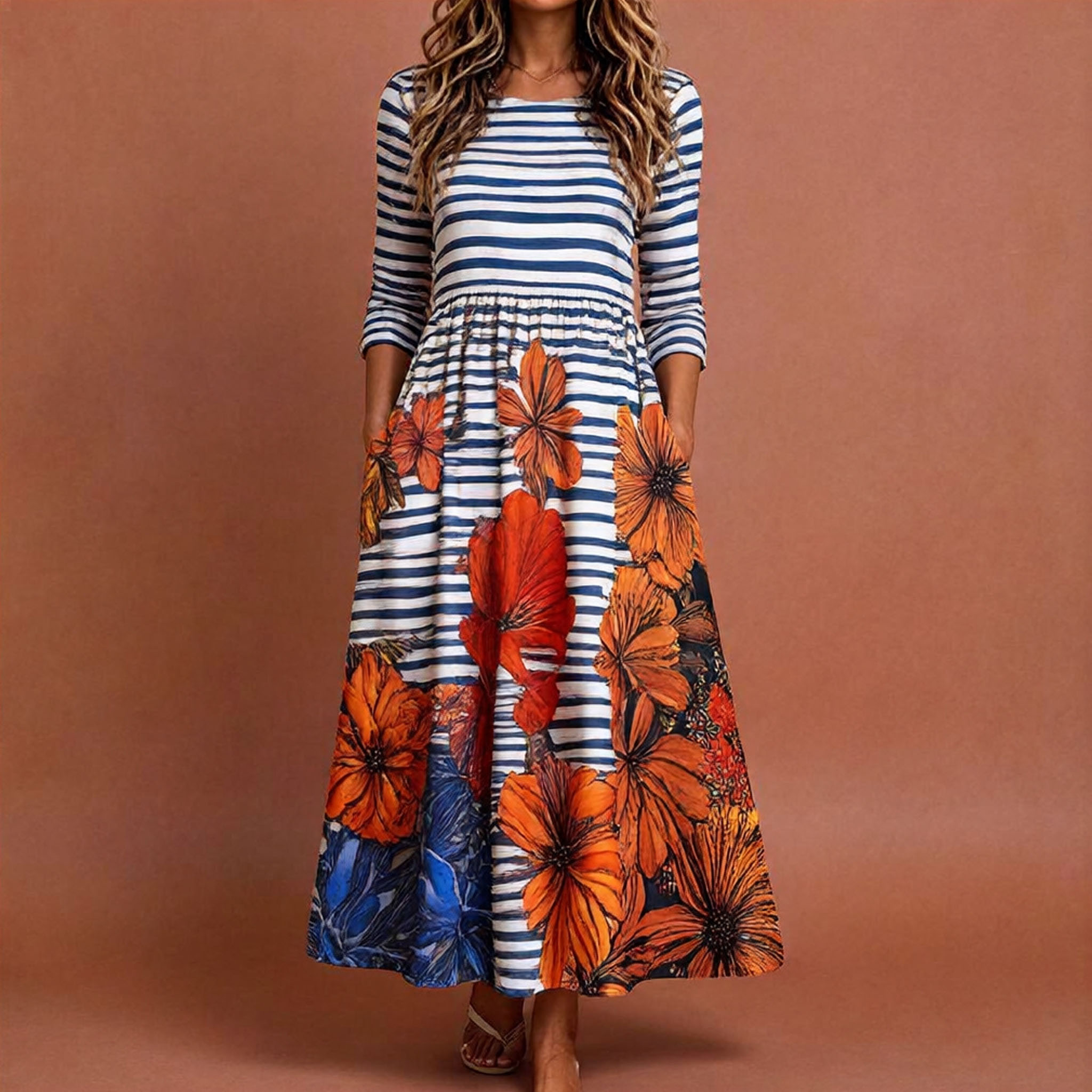 Women's Floral Striped Midi Dress – Elegant Casual Mid-Length Sleeve A-Line Swing Dress with Pockets-gemscharms