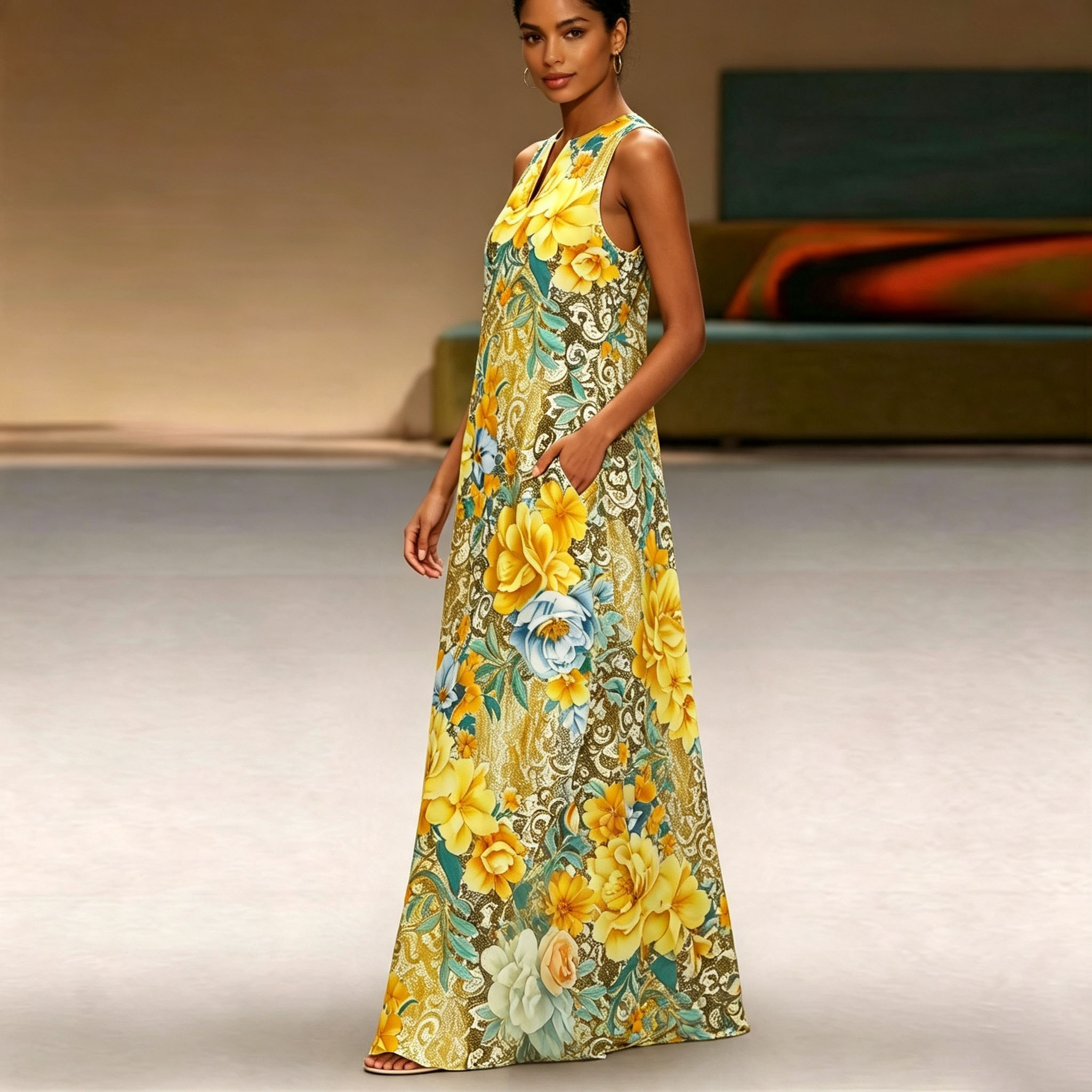 Women's Yellow Floral Print Maxi Dress – Sleeveless Summer Casual Dress with Elegant Vintage Flower Pattern and Relaxed Fit