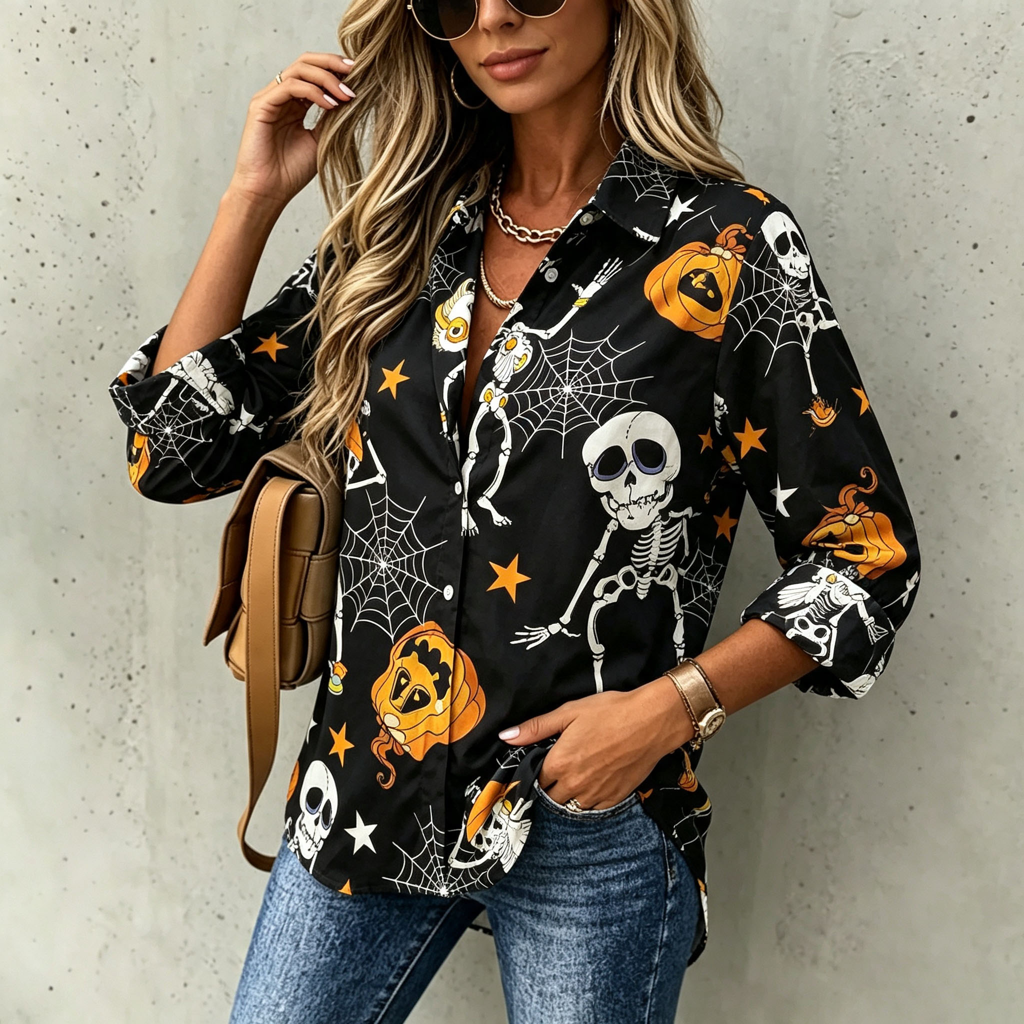 Women Halloween Button Down Shirt, Funny Dancing Skeleton Pumpkin Spider Web Print Blouse, Casual Loose Long‑Sleeve Fall Top