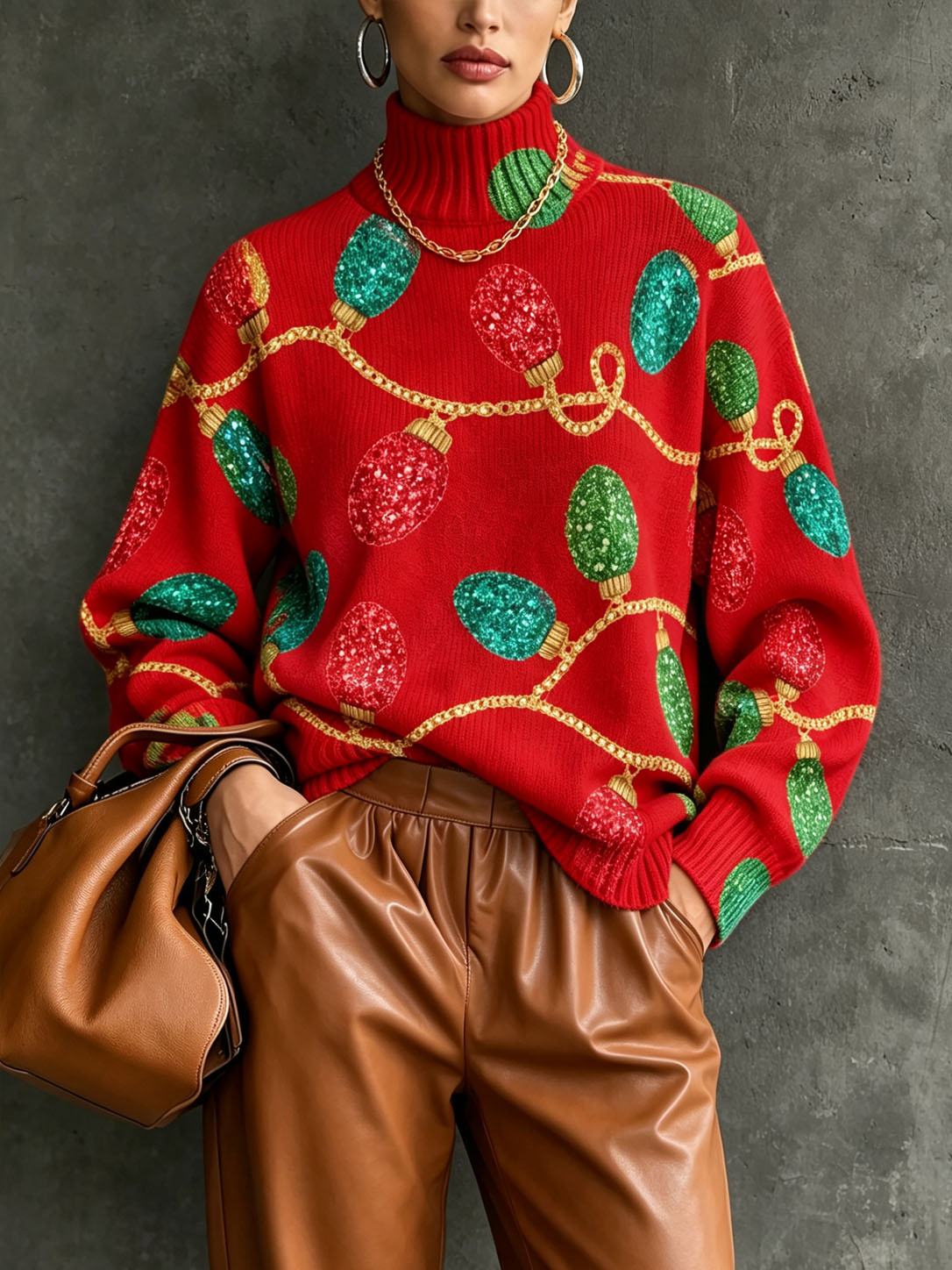 Women's Christmas Sweater, Festive Light Bulb Print Turtleneck Knit Pullover, Red Holiday Long Sleeve Oversized Sweater Top for Winter Xmas Party