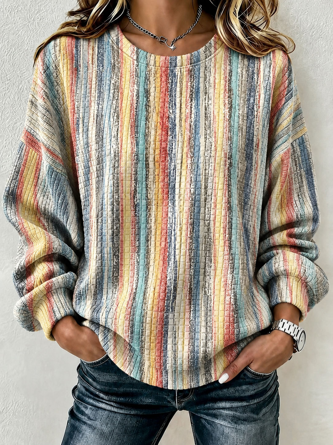 Women's Waffle Knit Sweatshirt Vintage Rainbow Vertical Stripe Print Crew Neck Long Sleeve Casual Loose Pullover Tops  >