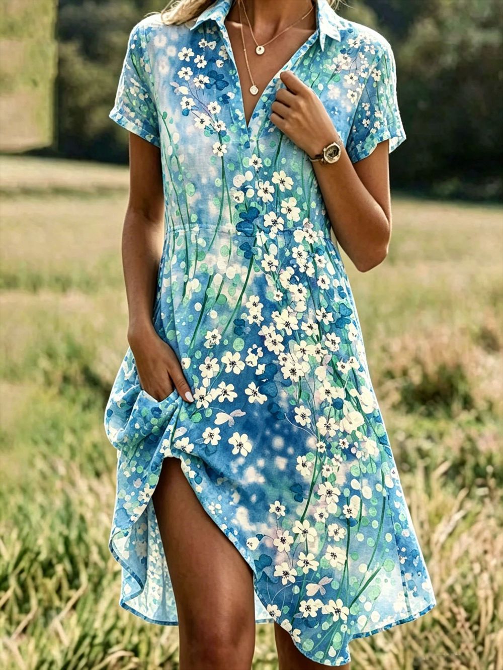 Women’s Floral Print Buttonless Summer Dress – Lightweight Polyester Short Sleeve Casual Dress